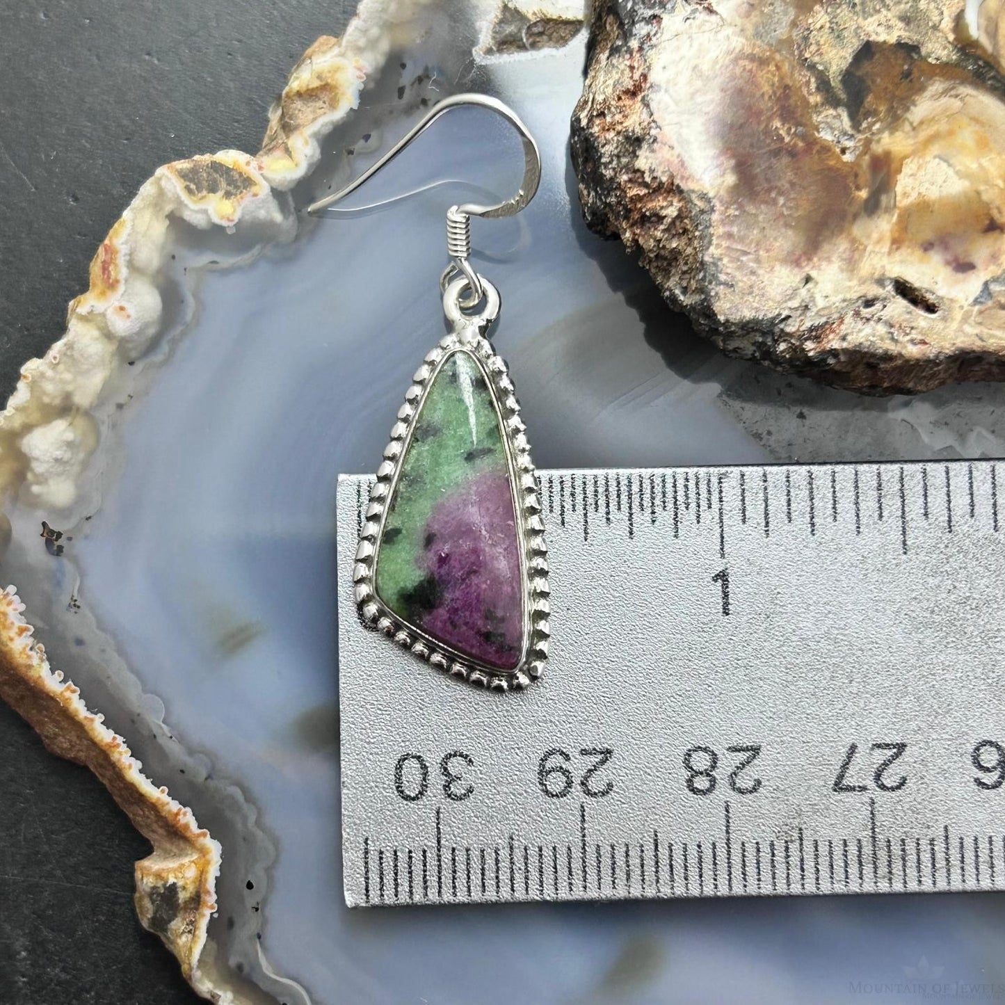 Sterling Silver Southwestern Style Triangular Ruby Zoisite Dangle Earrings For Women