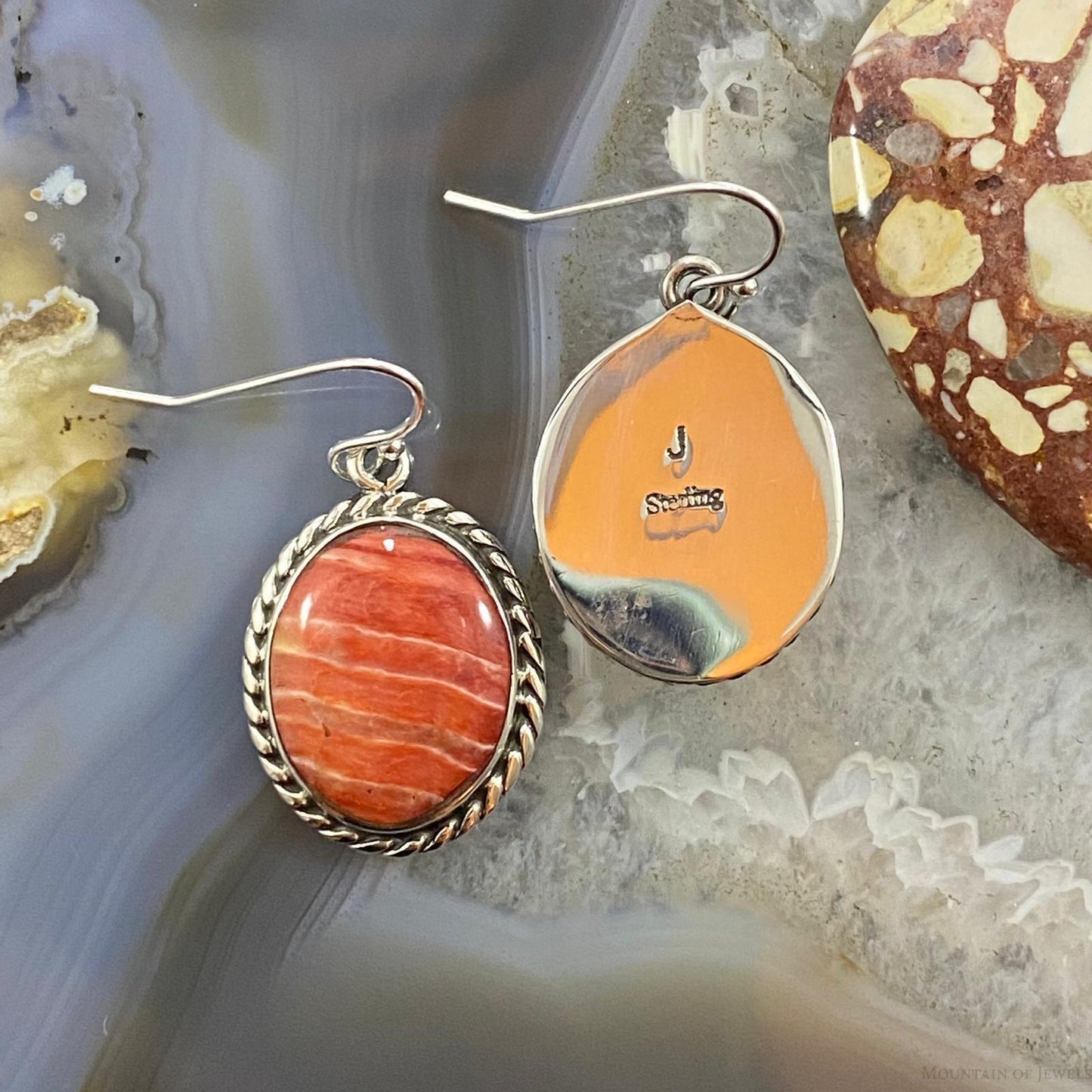 Native American Sterling Silver Oval Spiny Oyster Dangle Earrings For Women #1