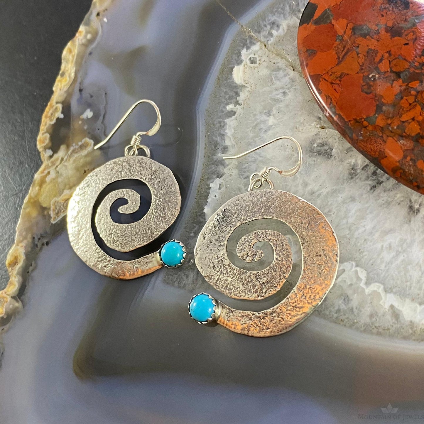 Brad Panteah Native American Sterling Turquoise Hammered Spiral Dangle Earrings