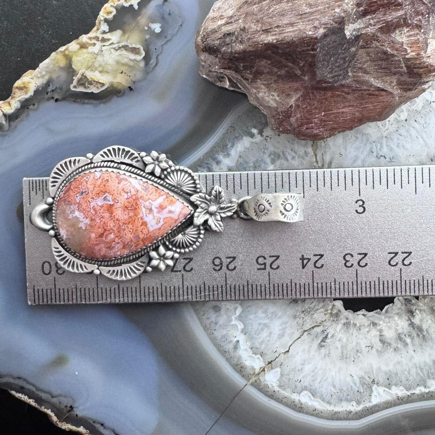 Sterling Silver Southwestern Style Teardrop Red Plum Decorated Pendant For Women