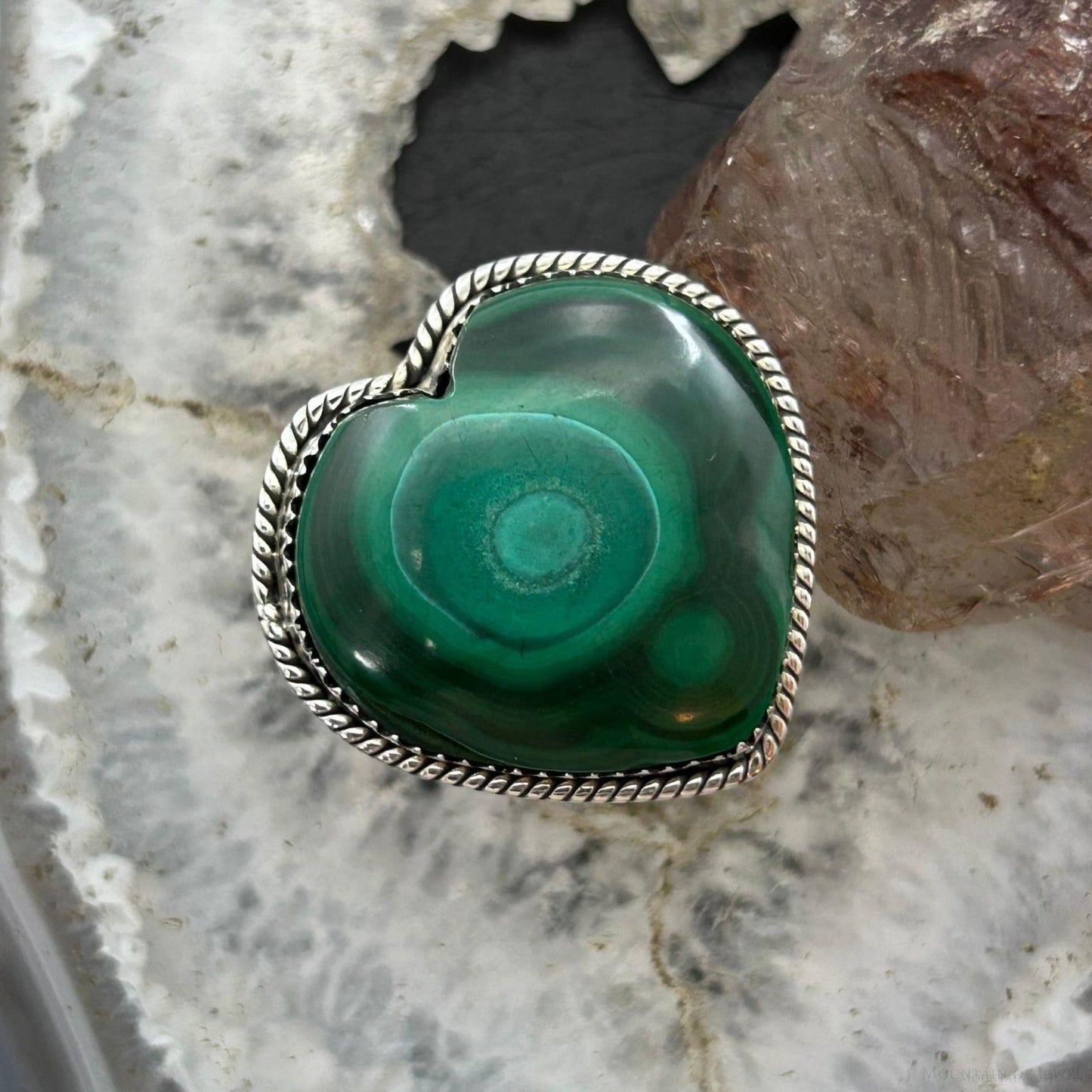 Sterling Silver Southwestern Style Malachite Heart Shape Ring Size 9 For Women