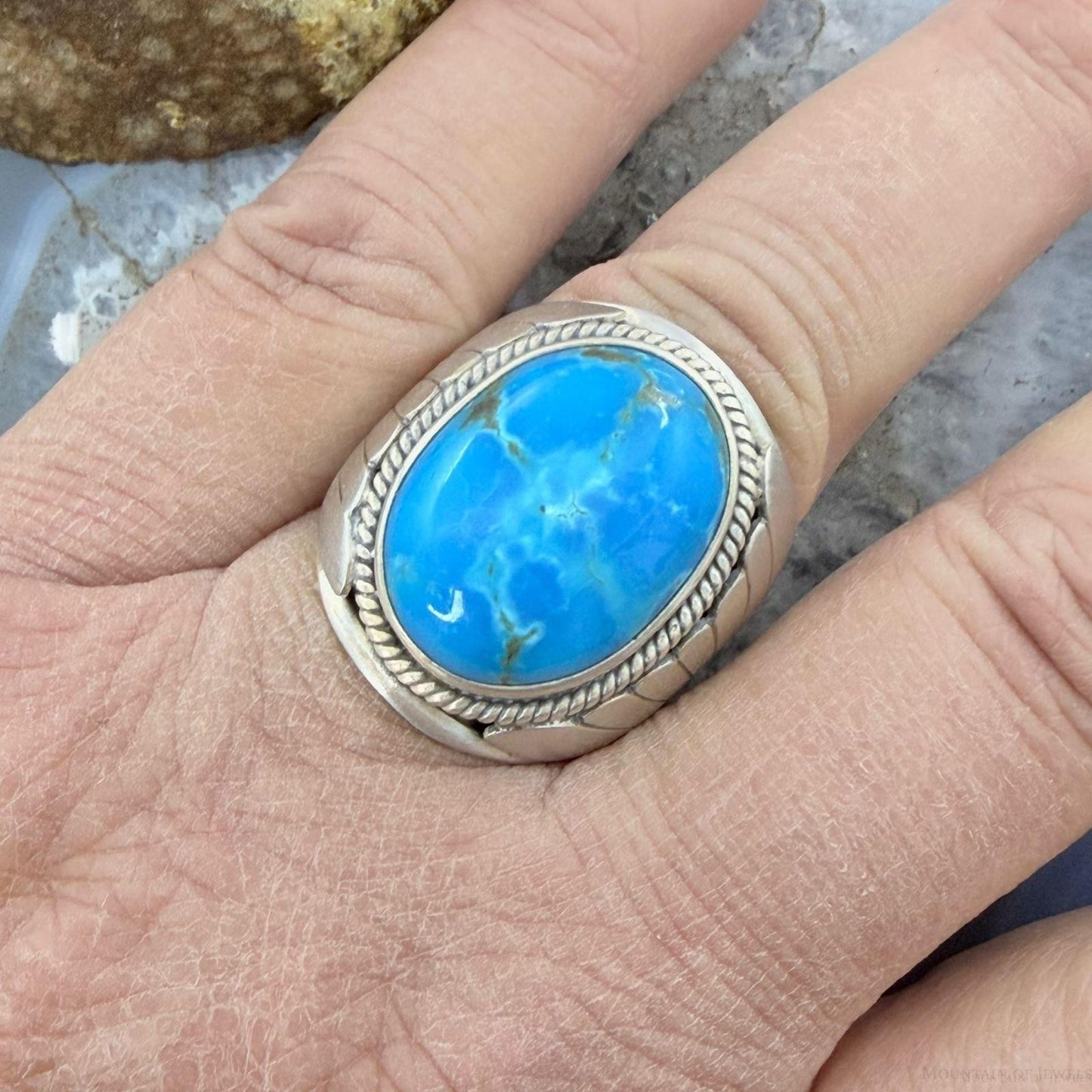 Native American Sterling Silver Oval Kingman Turquoise Shield Ring Size 11.25 For Men