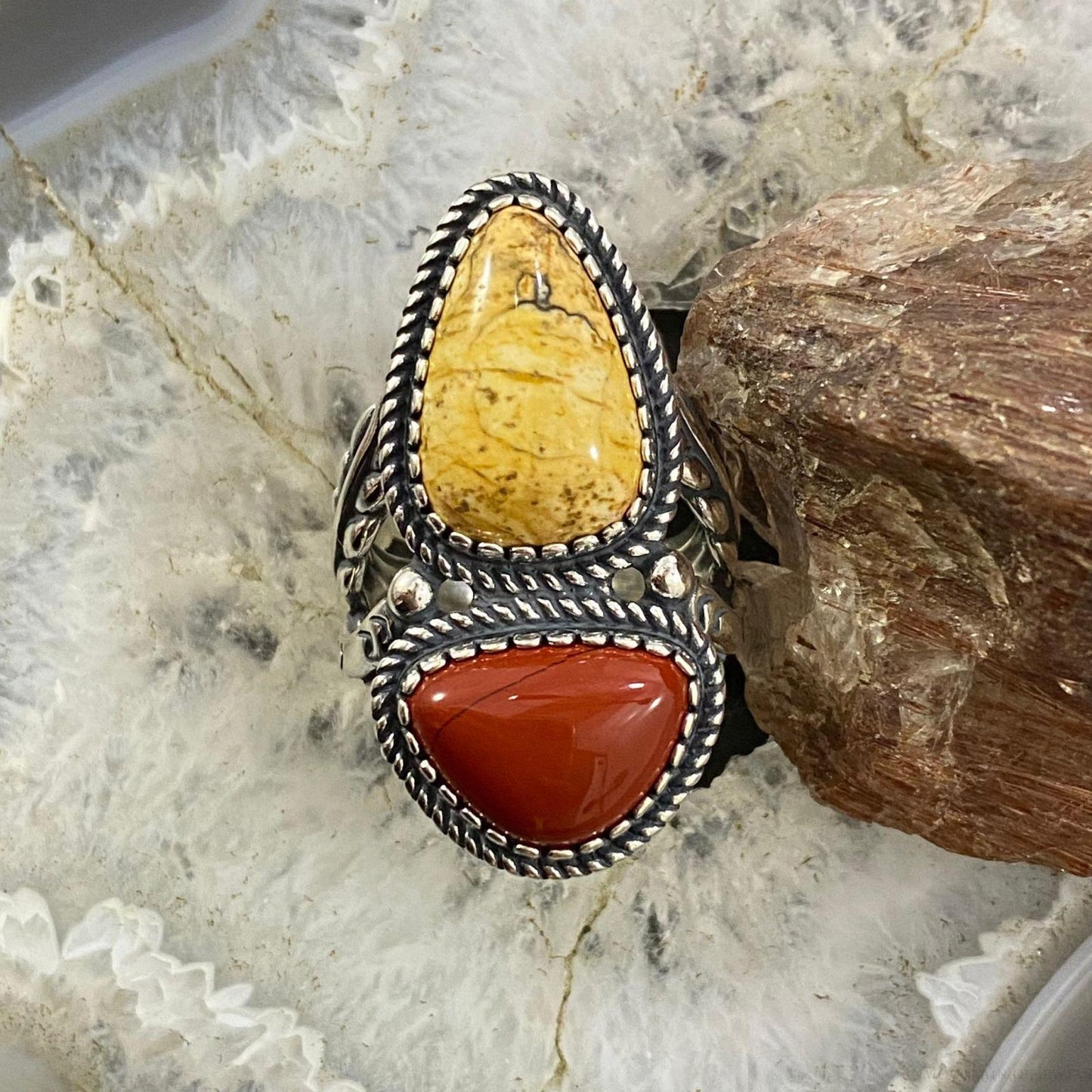 Carolyn Pollack Southwestern Style Sterling Silver Picture Jasper & Red Jasper Decorated Ring For Women