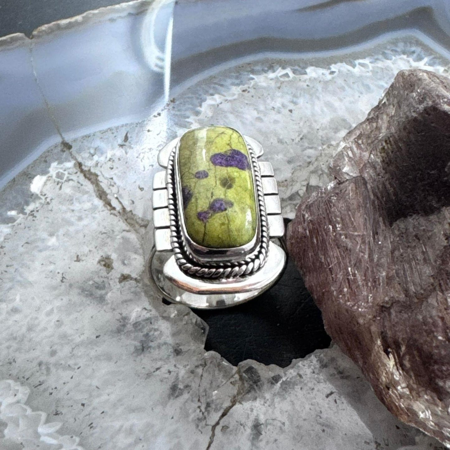 Sterling Silver Southwestern Style Atlantisite Decorated Bar Ring Size 8.5 For Women