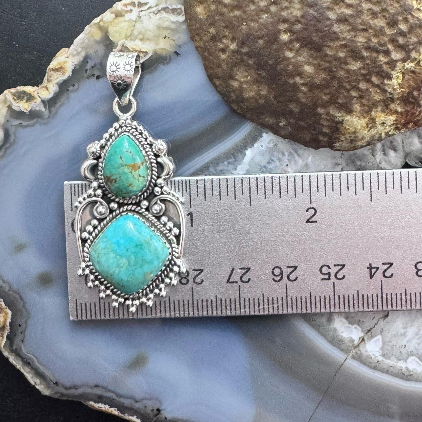 Sterling Silver Southwestern Style 2 Turquoise Decorated Large Pendant For Women