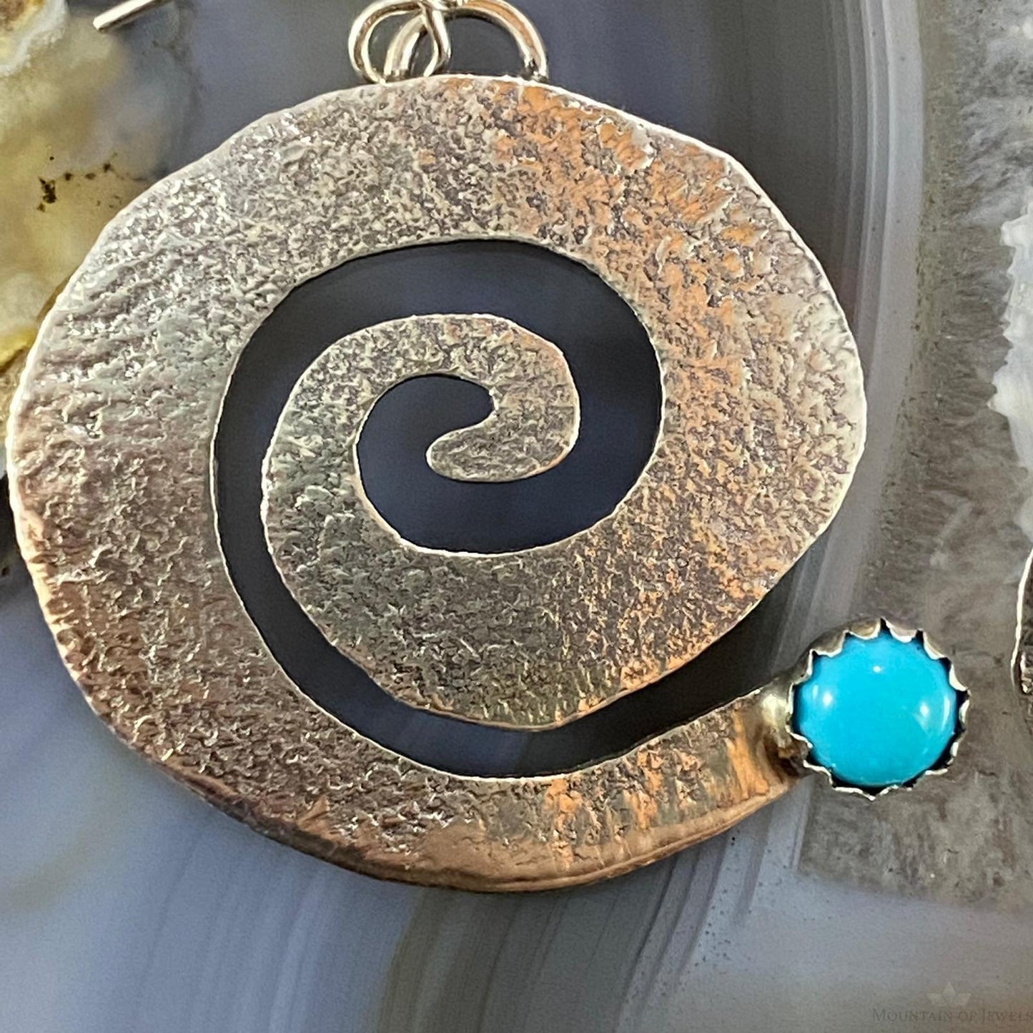 Brad Panteah Native American Sterling Turquoise Hammered Spiral Dangle Earrings