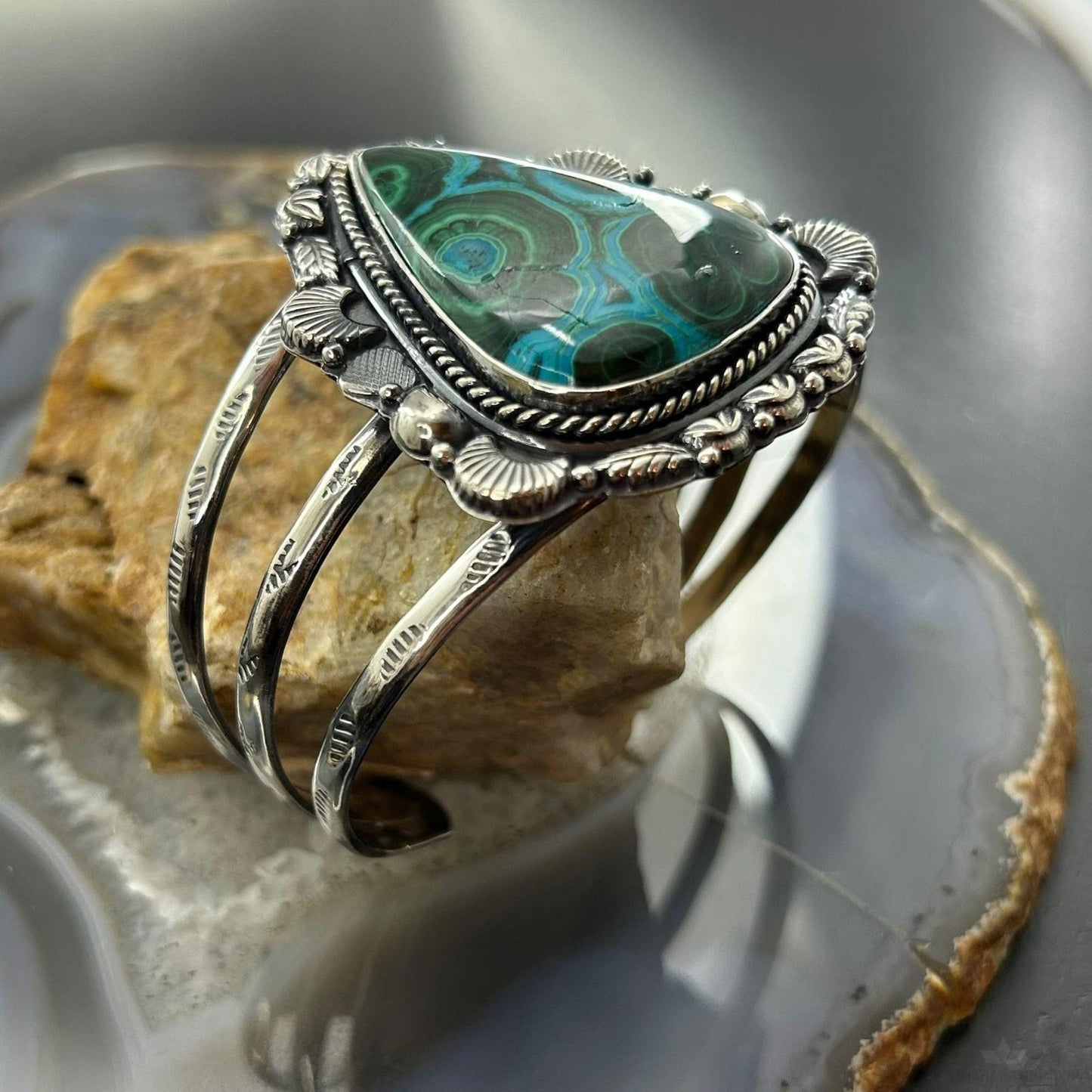 Sterling Silver Southwestern Style Teardrop Malachite Azurite Bracelet For Women