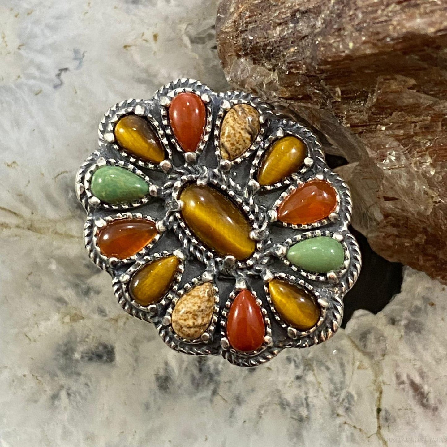 Carolyn Pollack Southwestern Style Sterling Silver Multi-gemstone Decorated Flower Cluster Ring For Women