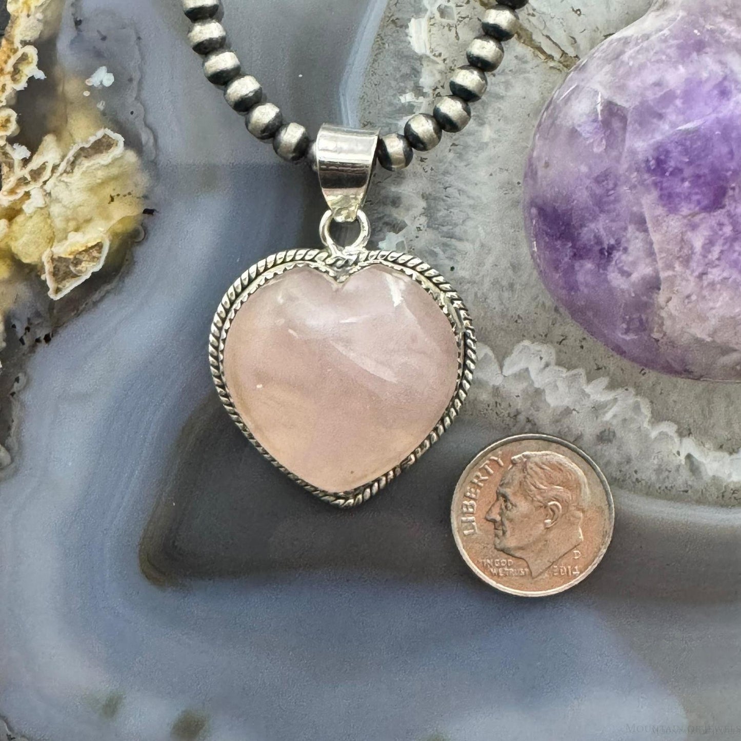 Sterling Silver Southwestern Style Pink Quartz Heart Shape Pendant For Women