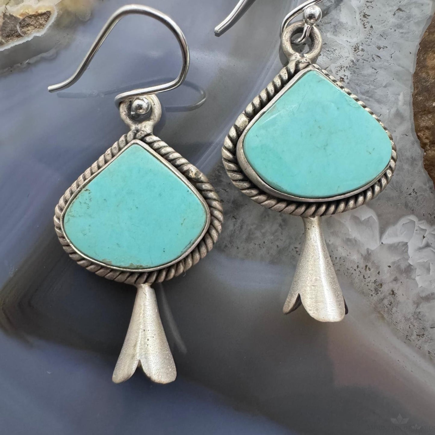 Sterling Silver Southwestern Style Turquoise Squash Blossom Dangle Earrings For Women