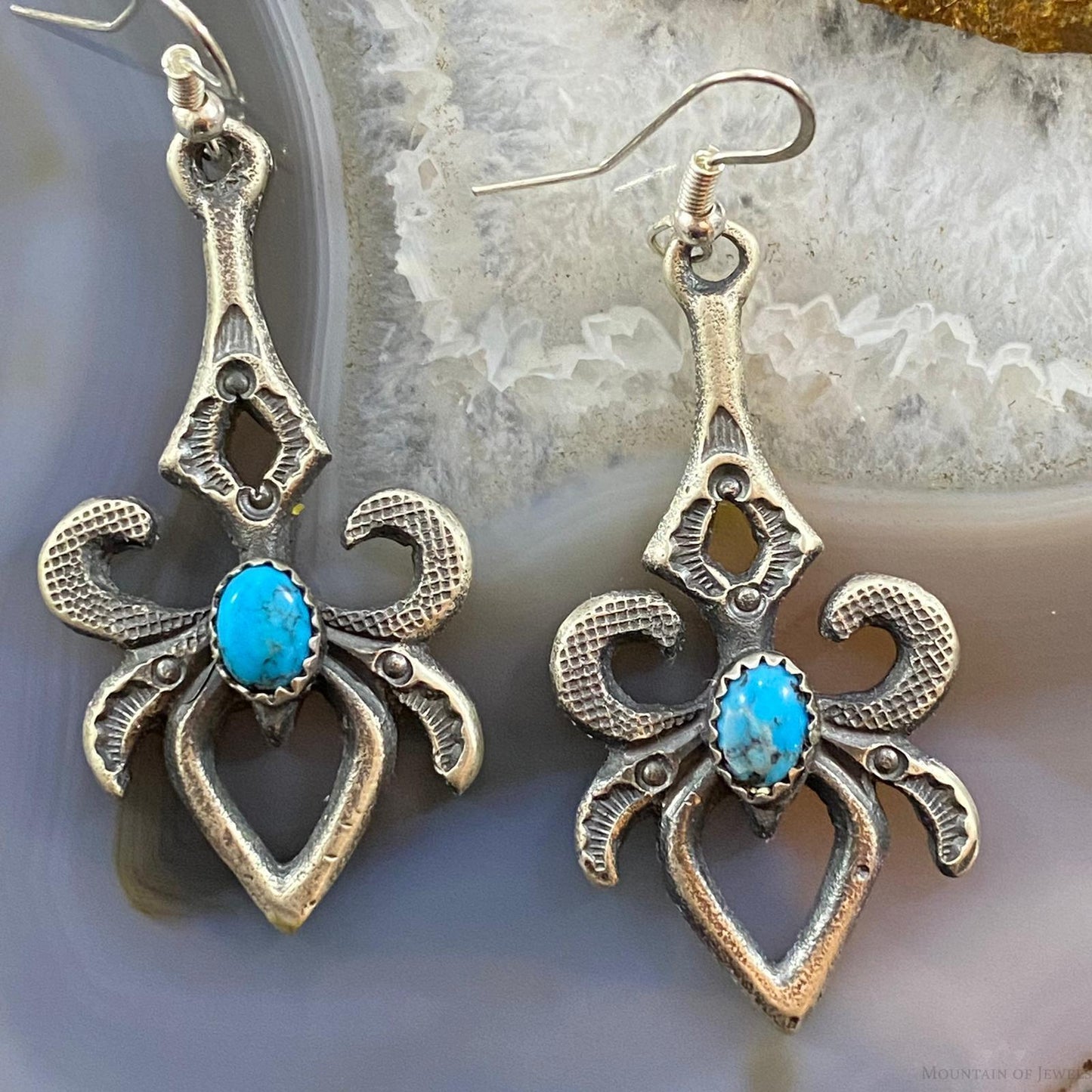 Kevin Billah Sterling Silver Stamped Sand Cast w/Kingman Turquoise Dangle Earrings