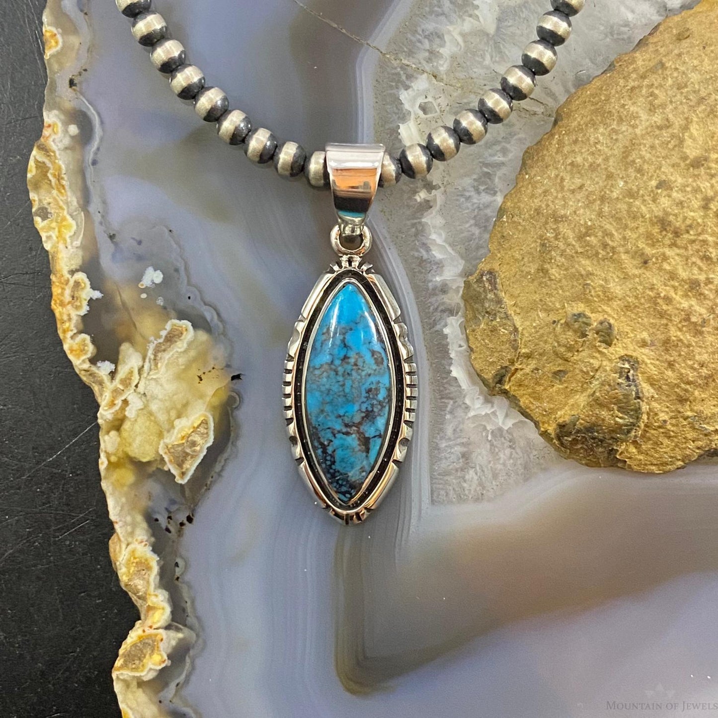Native American Sterling Silver Turquoise With Matrix Marquise Pendant For Women