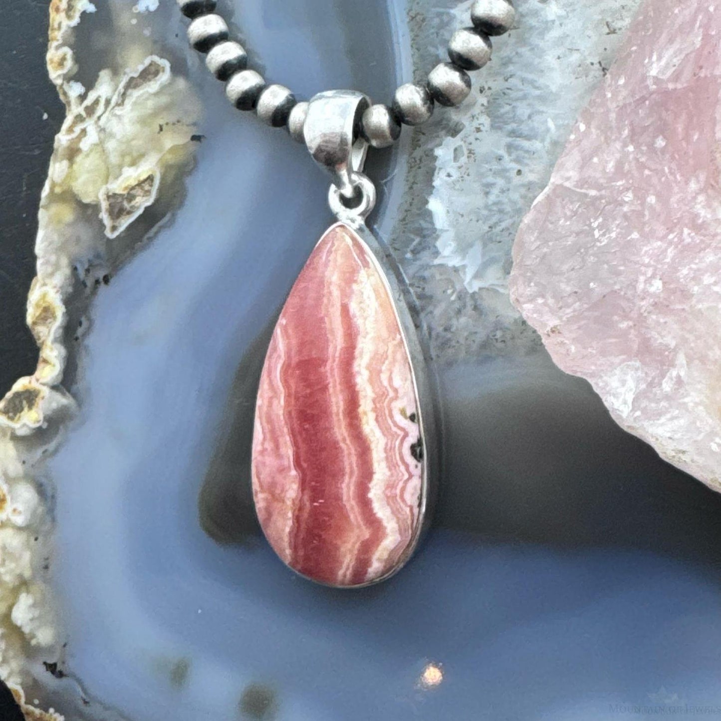 Sterling Silver Southwestern Style Teardrop Rhodochrosite Pendant For Women