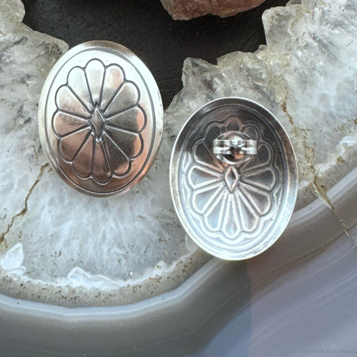 Native American Sterling Silver Round Stamped Oval Concho Stud Earrings For Women
