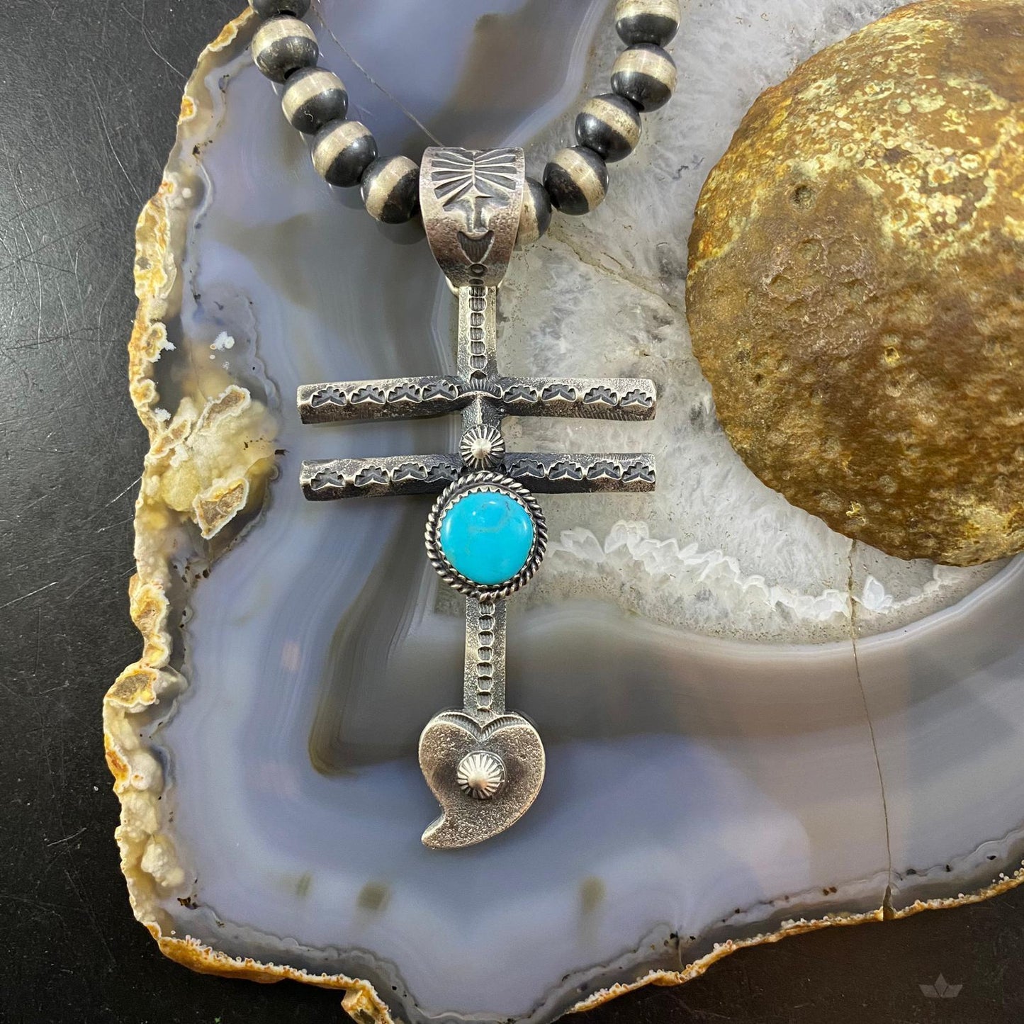 Kevin Billah Native American Sterling Silver Turquoise Native Cross w/Heart Unisex Pendant