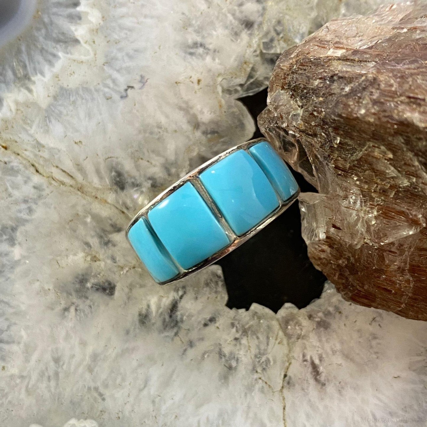 Native American Sterling Silver Blue Ridge Turquoise Graduated Band Ring Sz 8.5