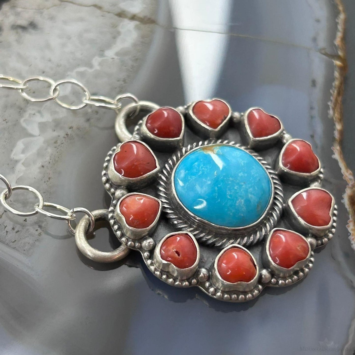 Native American Sterling Silver Round Turquoise &Coral Heart Cluster Pendant W/Necklace For Women