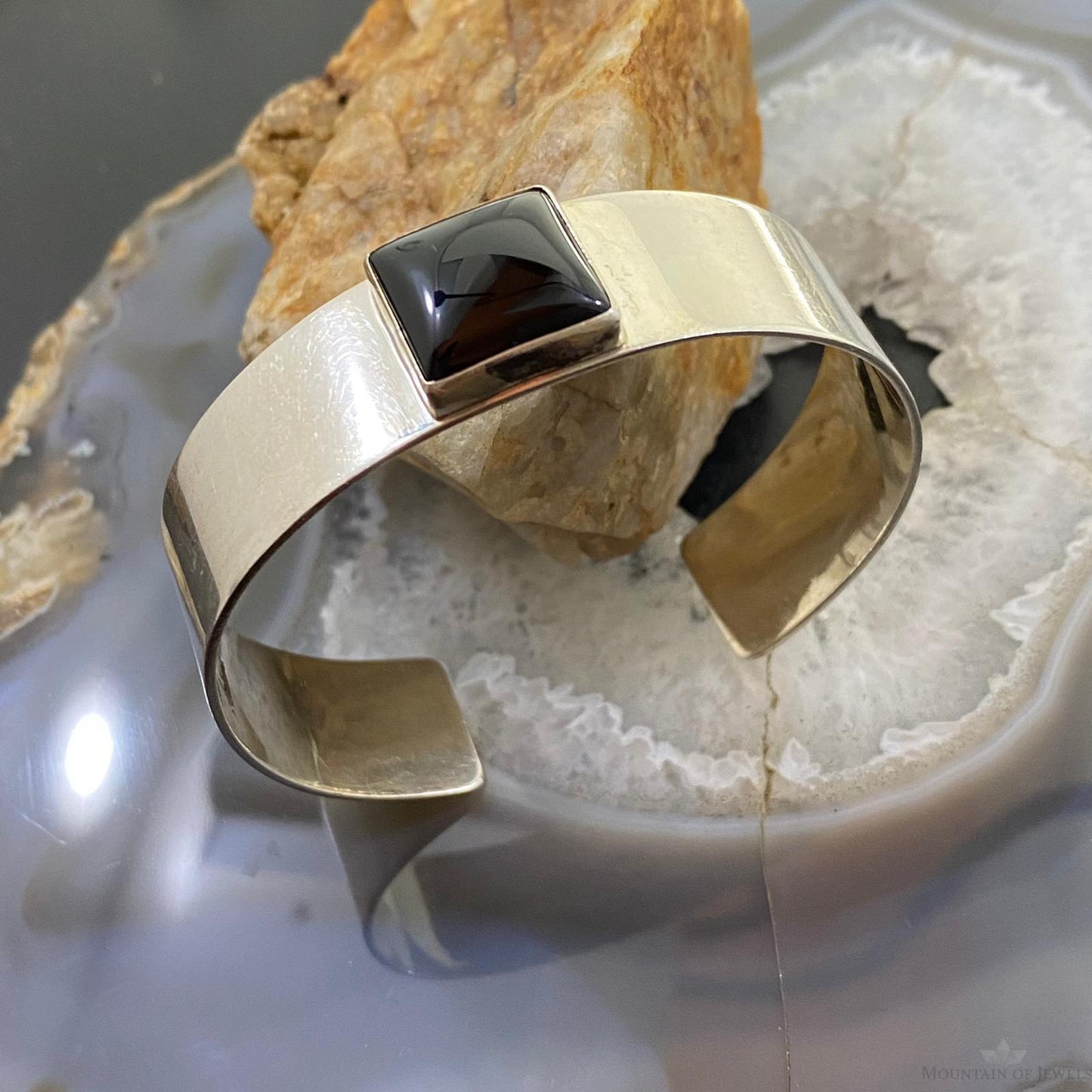 Signed Native American Sterling Silver Square Onyx Bracelet For Women