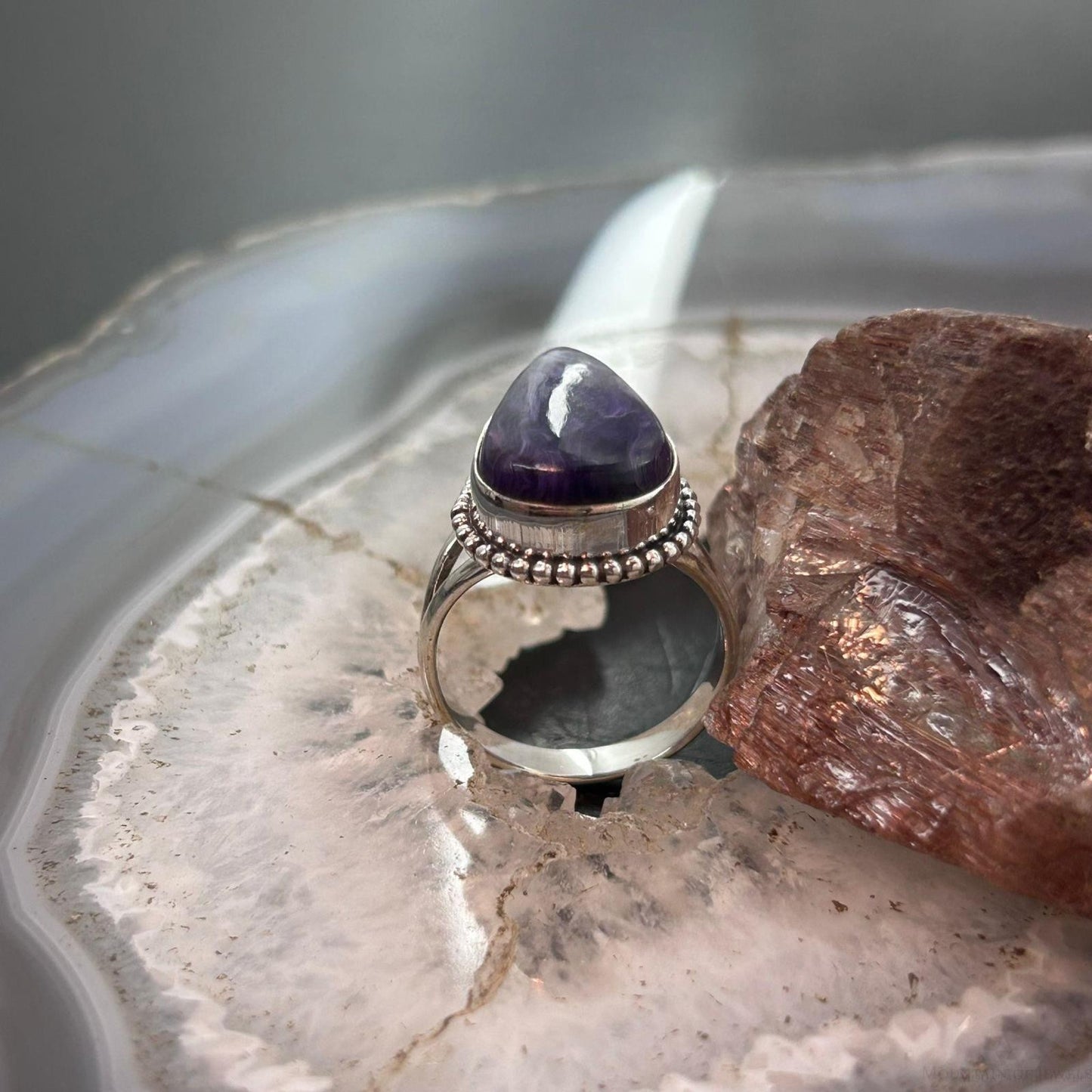Sterling Silver Southwestern Style Teardrop Charoite Ring Size 8.5 For Women