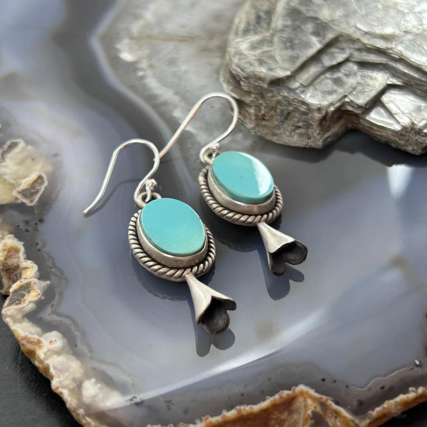 Sterling Silver Southwestern Style Turquoise Squash Blossom Dangle Earrings For Women #1