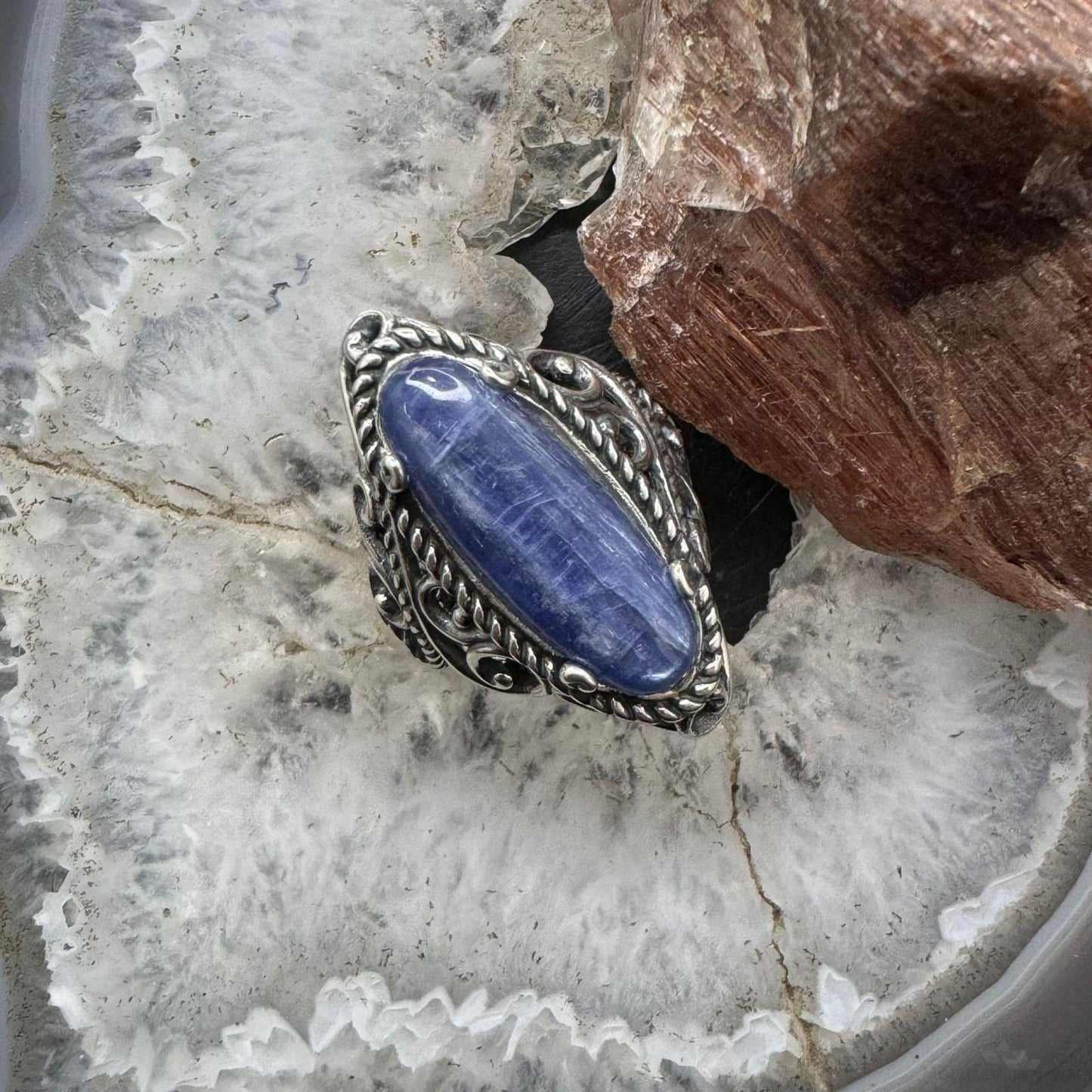Carolyn Pollack Sterling Silver Elongated Oval Blue Quartz Decorated Ring Variety of Sizes