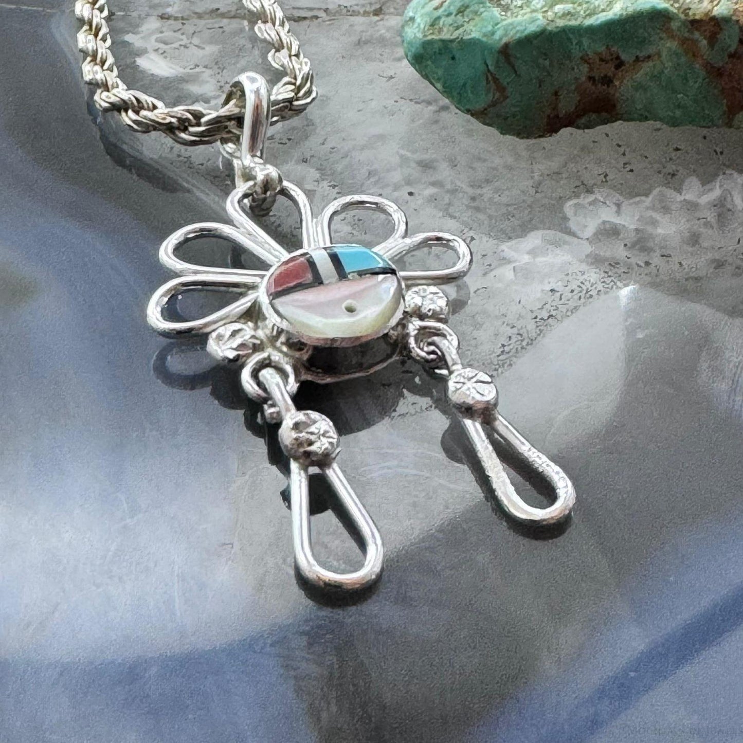 Ola Eriacho Zuni Sterling Silver Multistone Inlay Sunburst Pendant For Women