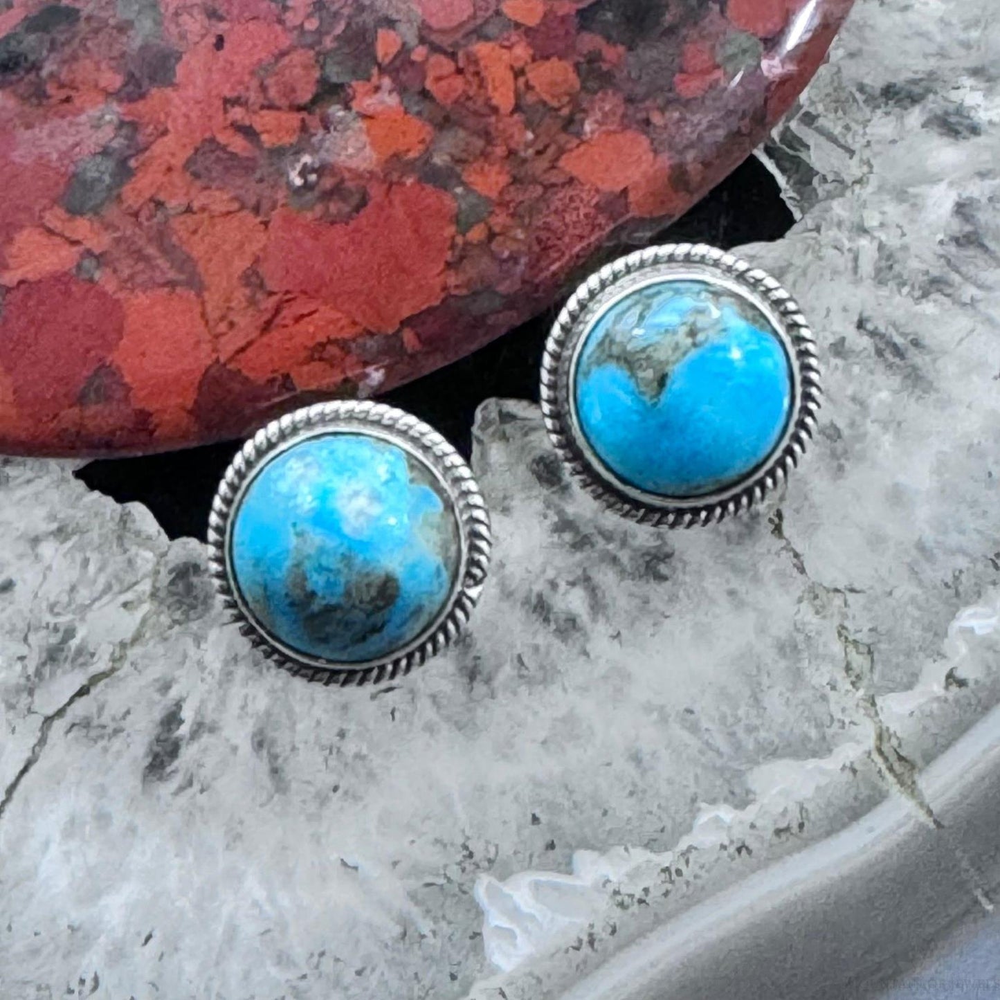 Native American Sterling Silver Rounded Turquoise Stud Earrings For Women