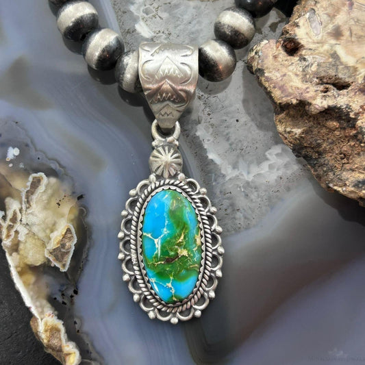 Sterling Silver Southwestern Style Oval Sonora Gold Turquoise Pendant For Women