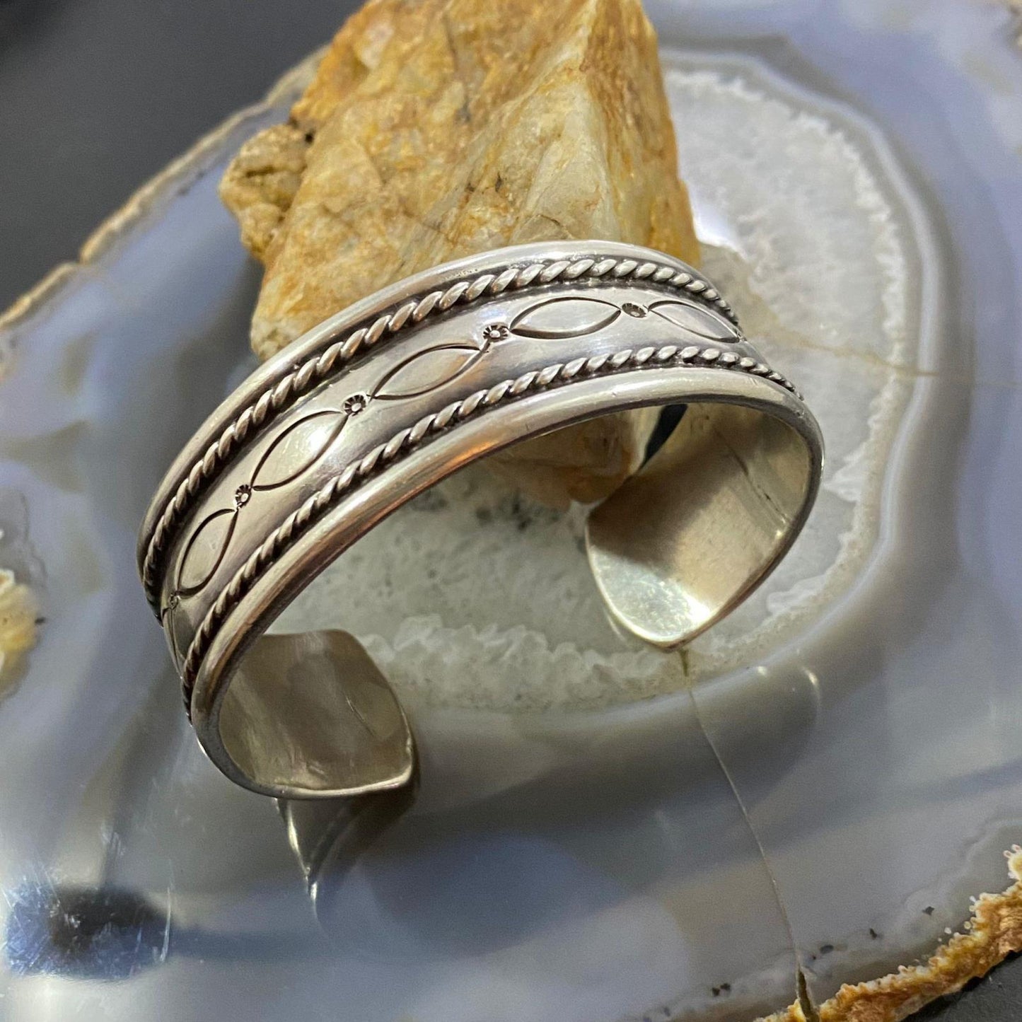 Vintage Native American Silver Stamped & Decorated Heavy Bracelet For Women
