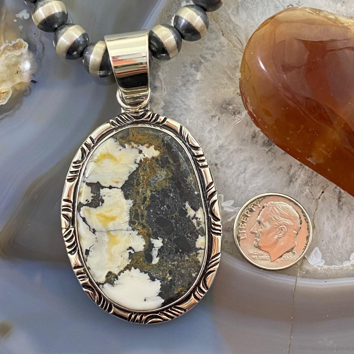 Native American Sterling Silver Oval White Buffalo Unisex Pendant