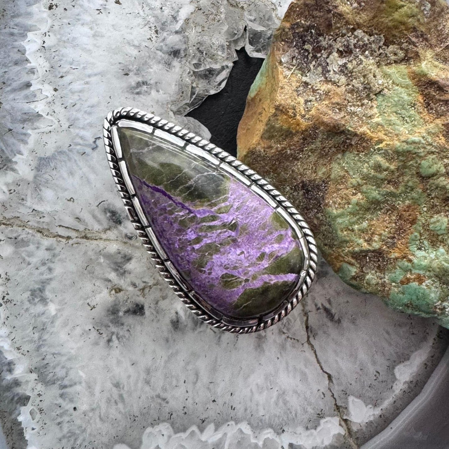 Sterling Southwestern Style Elongated Teardrop Stichtite Ring Size 8.75 For Women