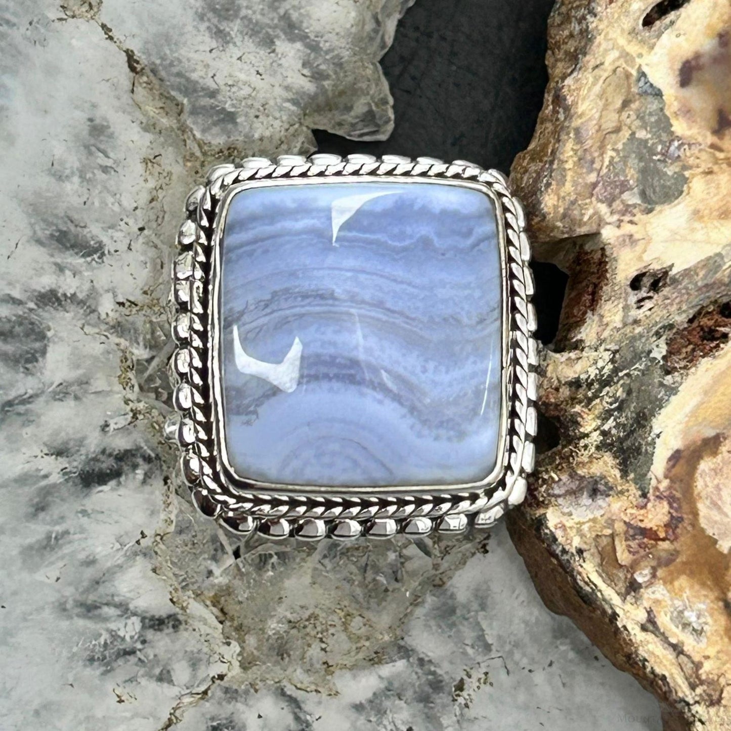 Sterling Silver Southwestern Style Square Blue Lace Agate Ring Size 7.5 For Women
