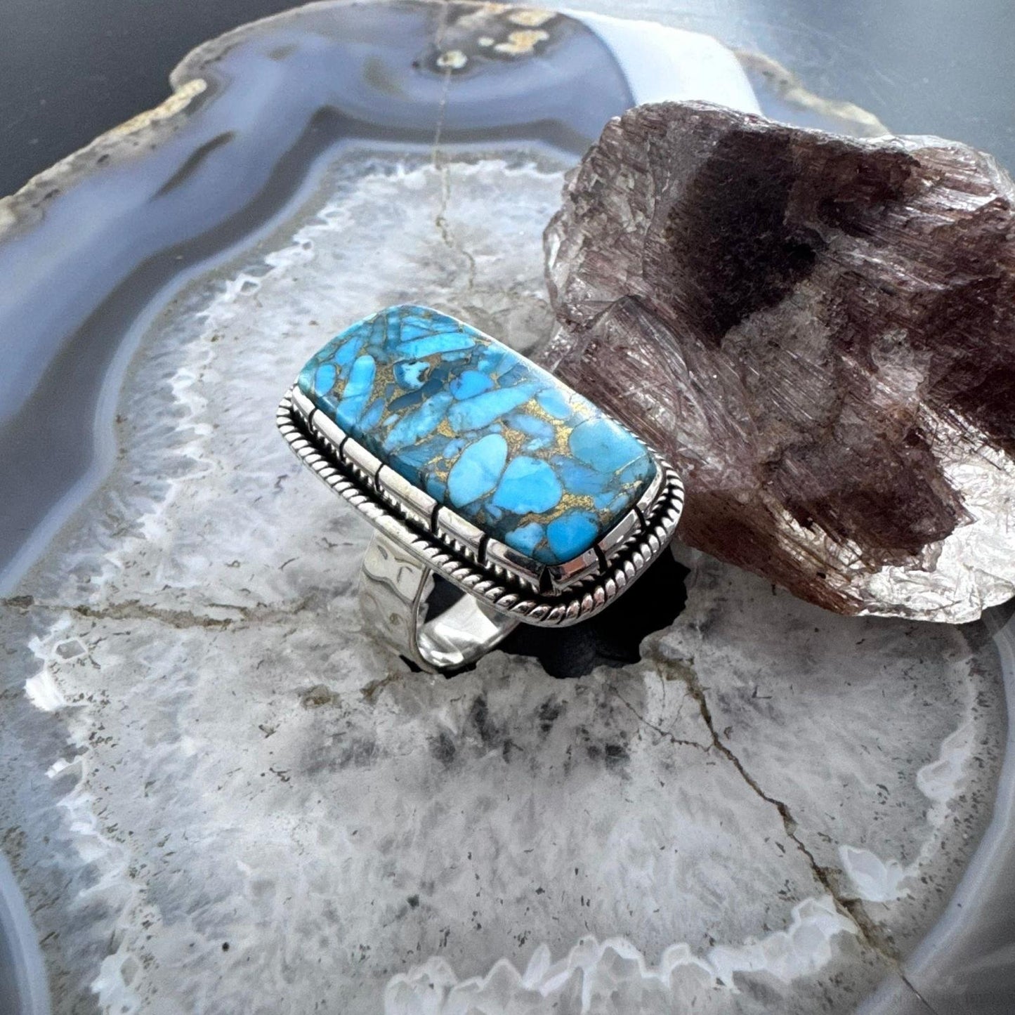 Sterling Silver Southwestern Style Blue Copper Turquoise Ring Size 9.25 For Women