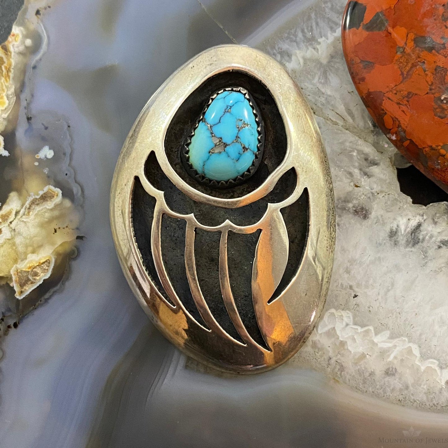 Vintage Native American Silver Turquoise Shadowbox Bear Claw Brooch For Women
