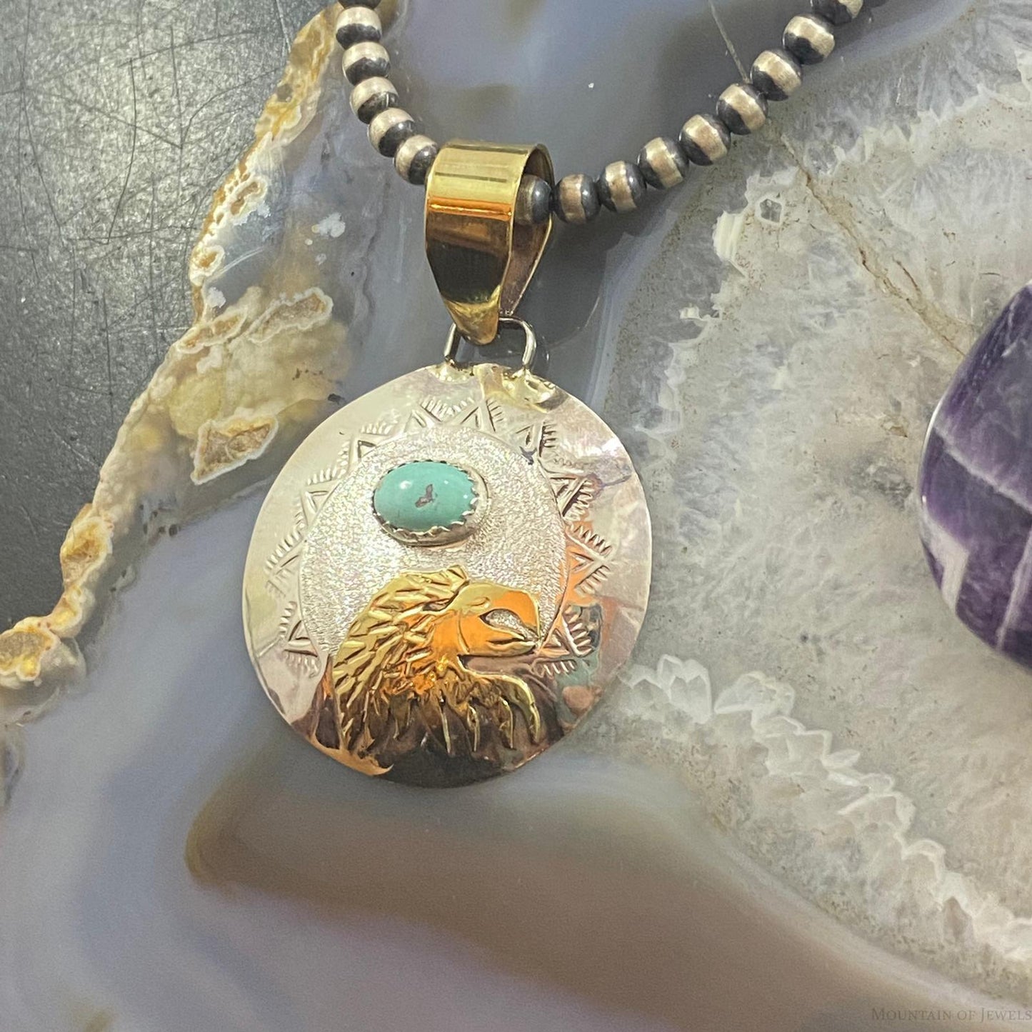 Native American Sterling Silver, GF Eagle Oval Turquoise Pendant For Women