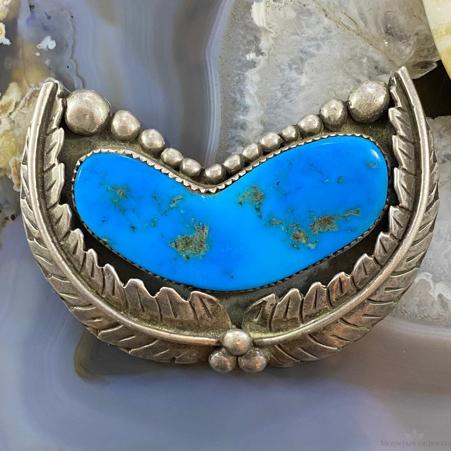 Vintage Native American Silver Turquoise and Leaves Decorated Brooch For Women