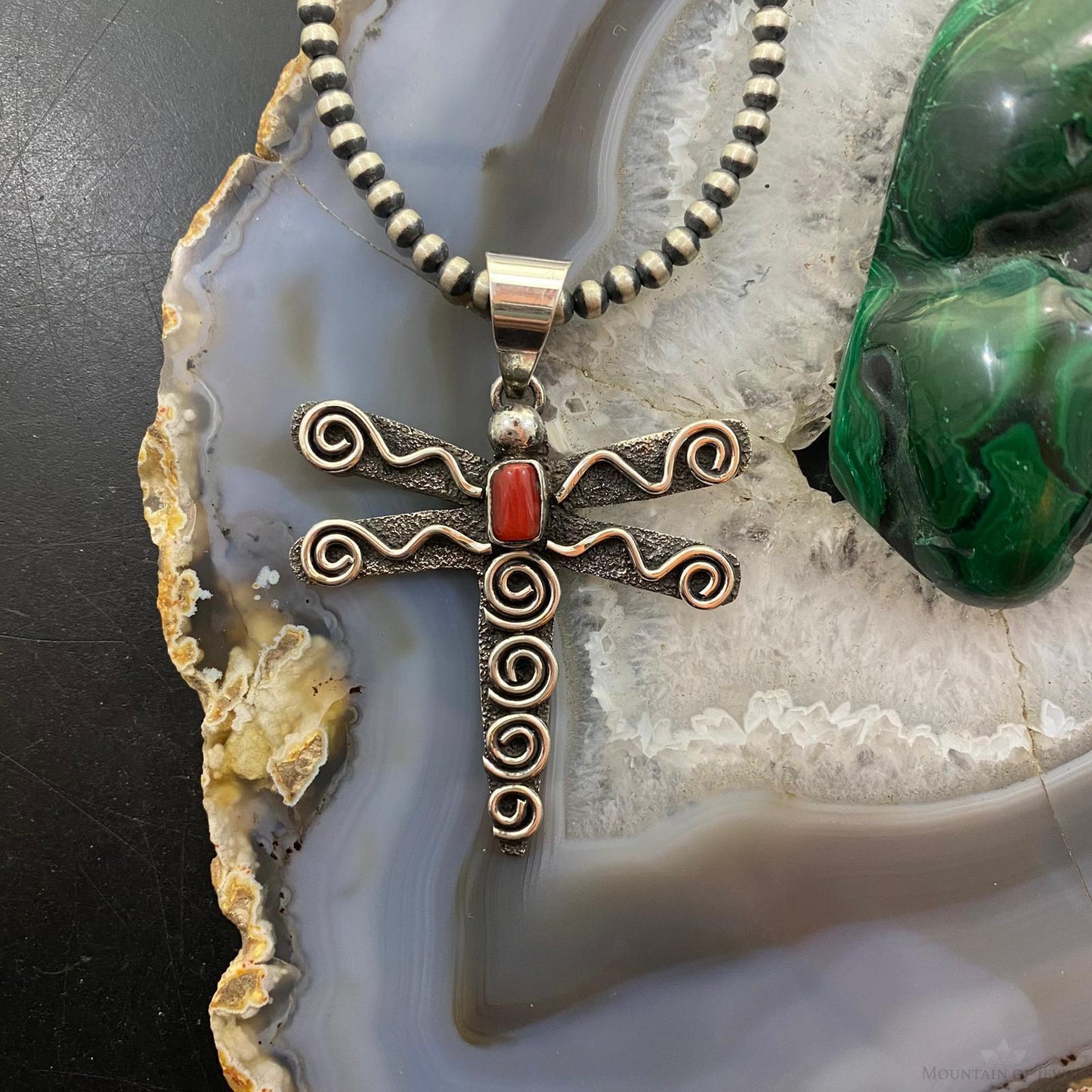 Alex Sanchez Sterling Silver Petroglyph & Coral Dragonfly Unisex Pendant #4