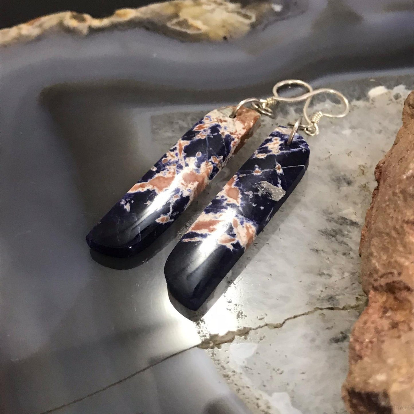 Sterling Silver Elongated Tilde Shape Blue Sodalite Slab Dangle Earrings For Women #217