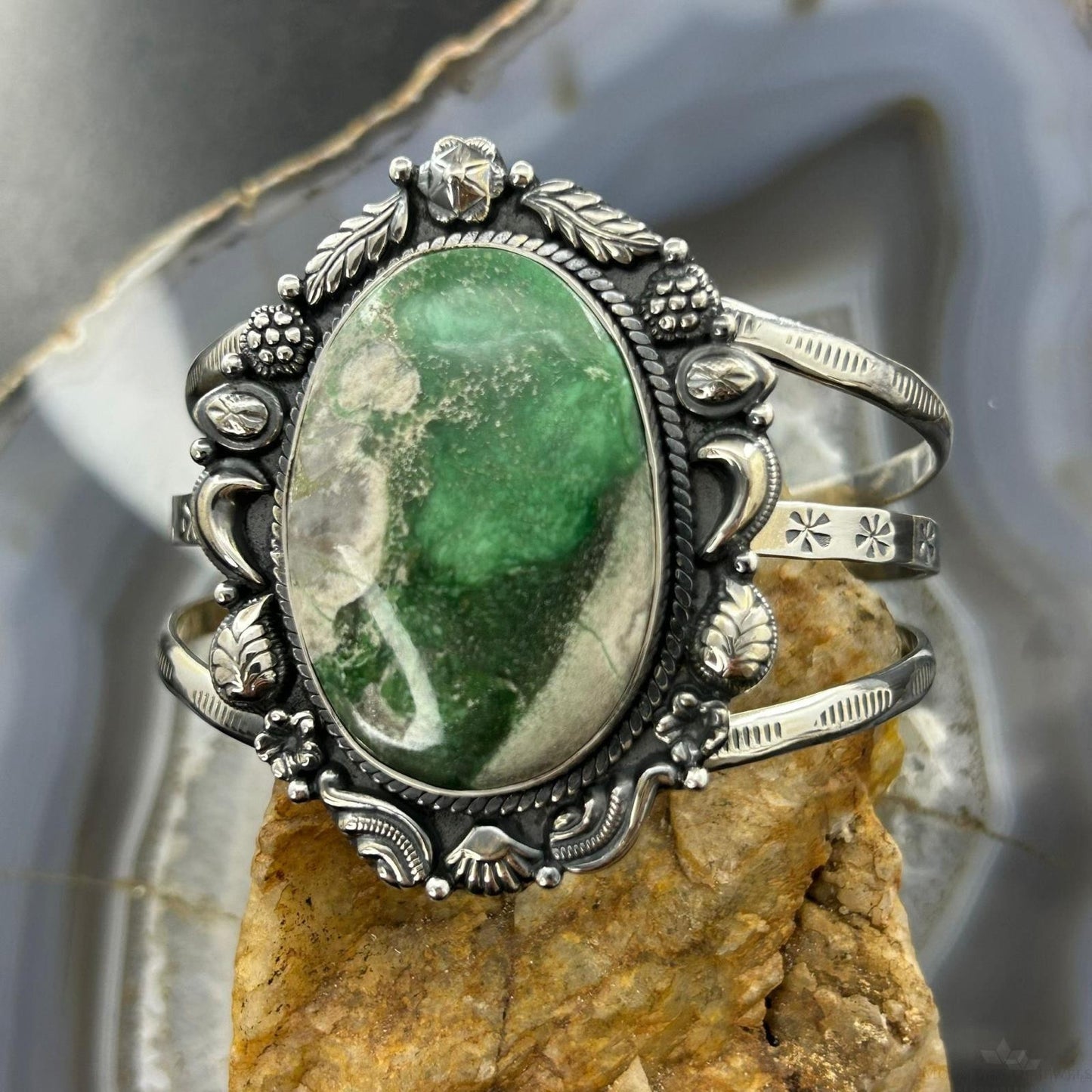 Sterling Silver Southwestern Style Large Oval Variscite Bracelet For Women