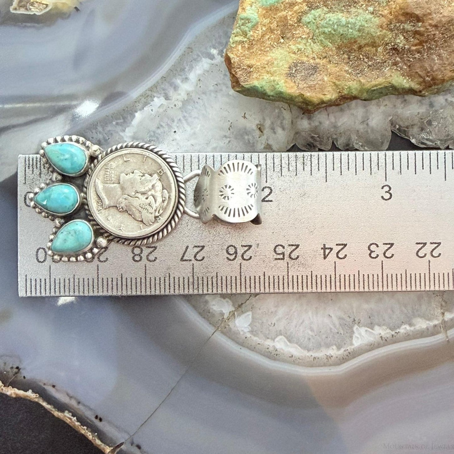 Genuine 1943 90% Silver Mercury Dime Coin w/Teardrop Turquoise Decorated Pendant