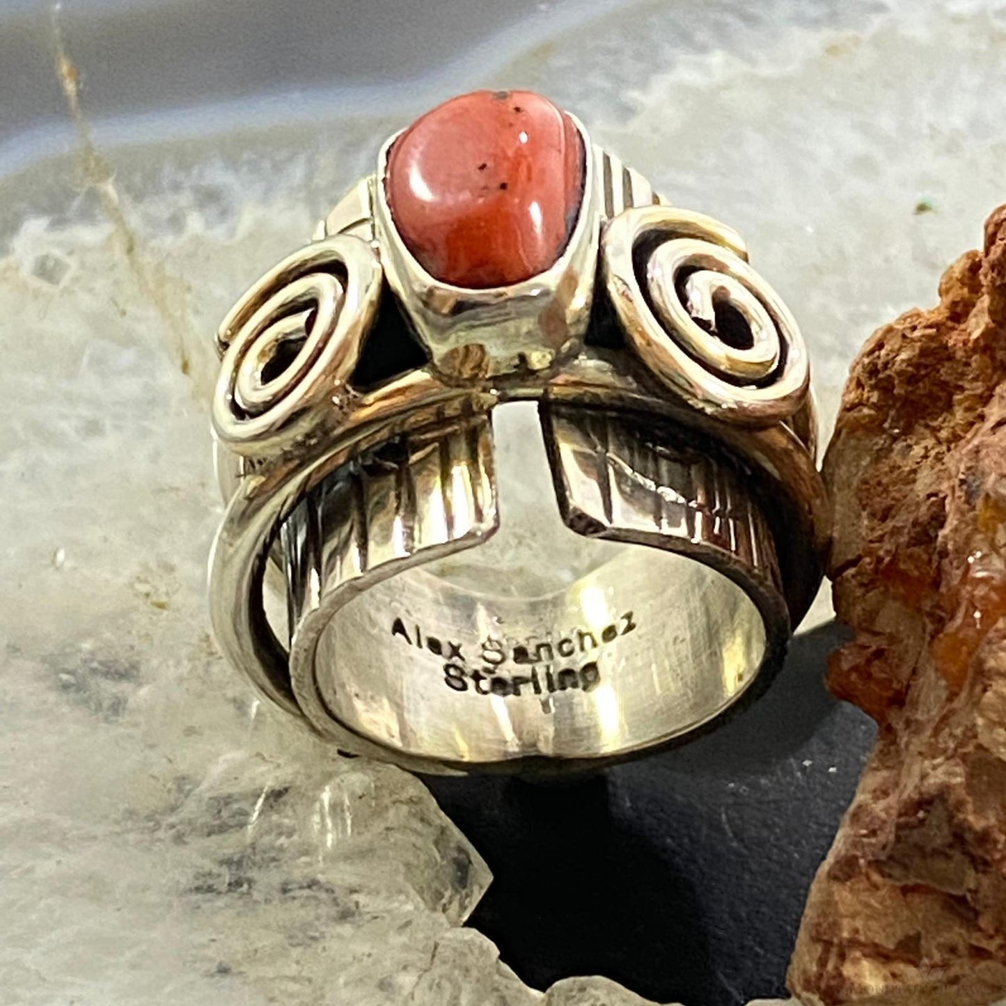 Alex Sanchez Sterling Silver Coral Unique Petroglyph Band Ring Sz 5.5 For Women