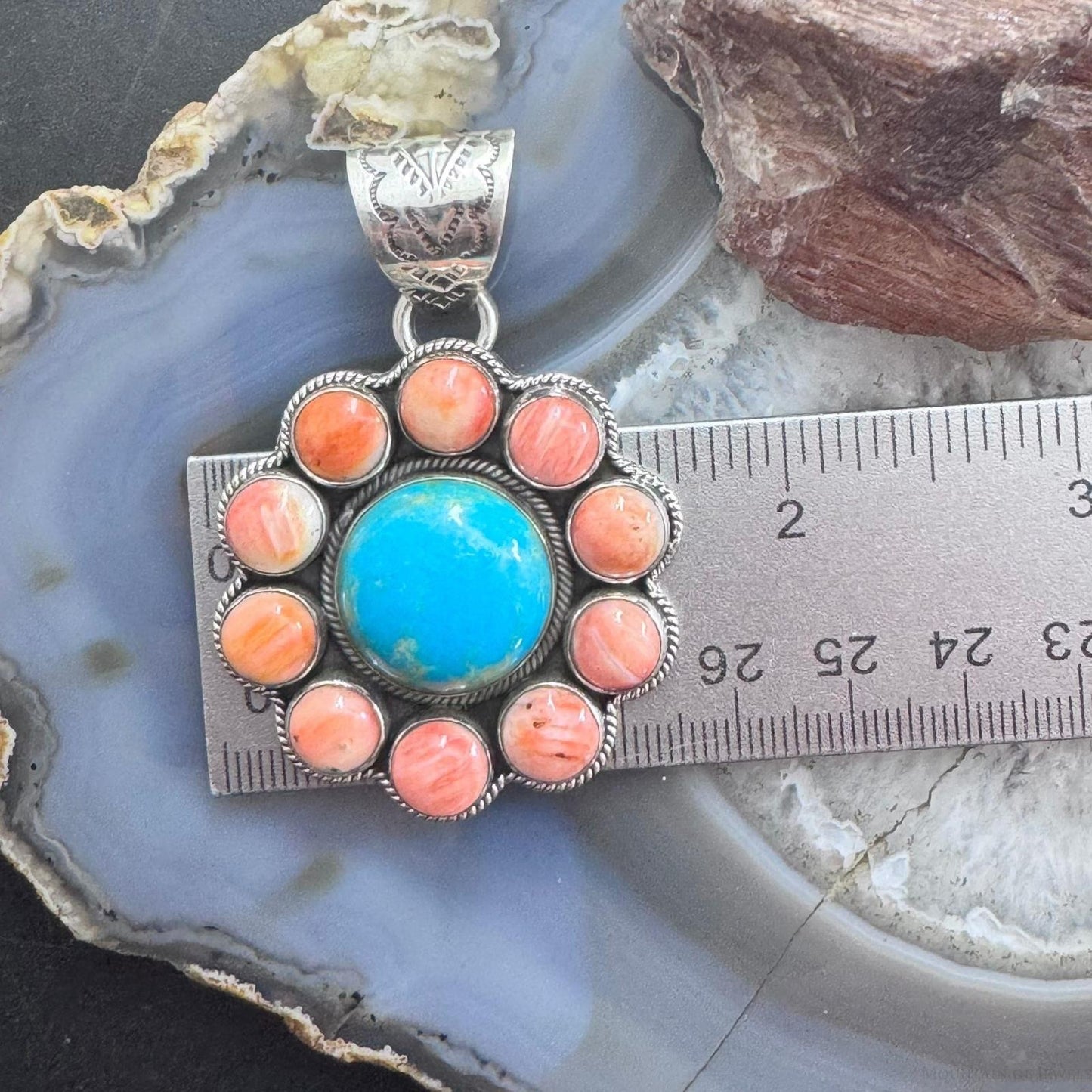 Native American Sterling Silver Turquoise & Orange Spiny Oyster Cluster Pendant For Women