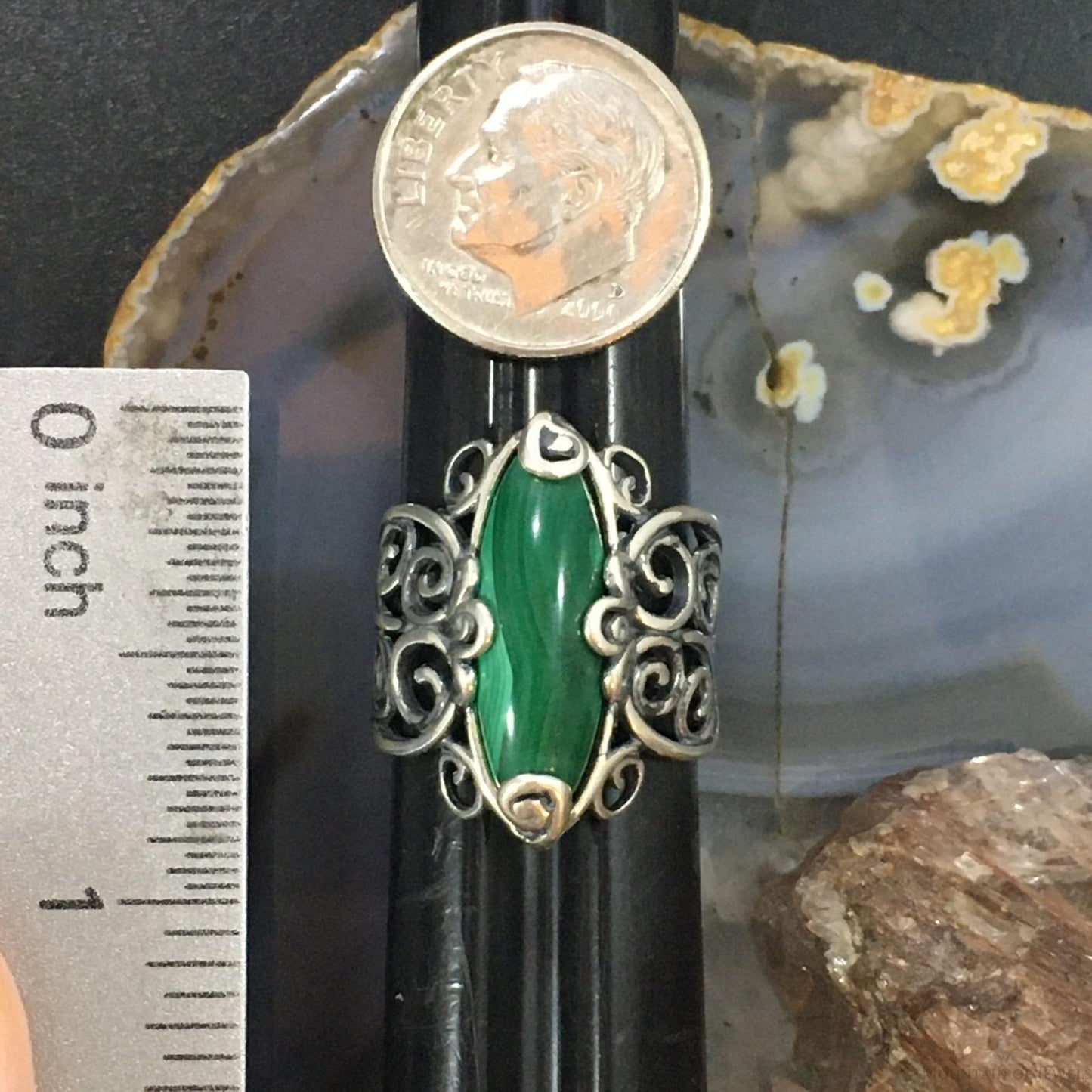 Carolyn Pollack Sterling Silver Marquise Malachite Decorated Ring For Women
