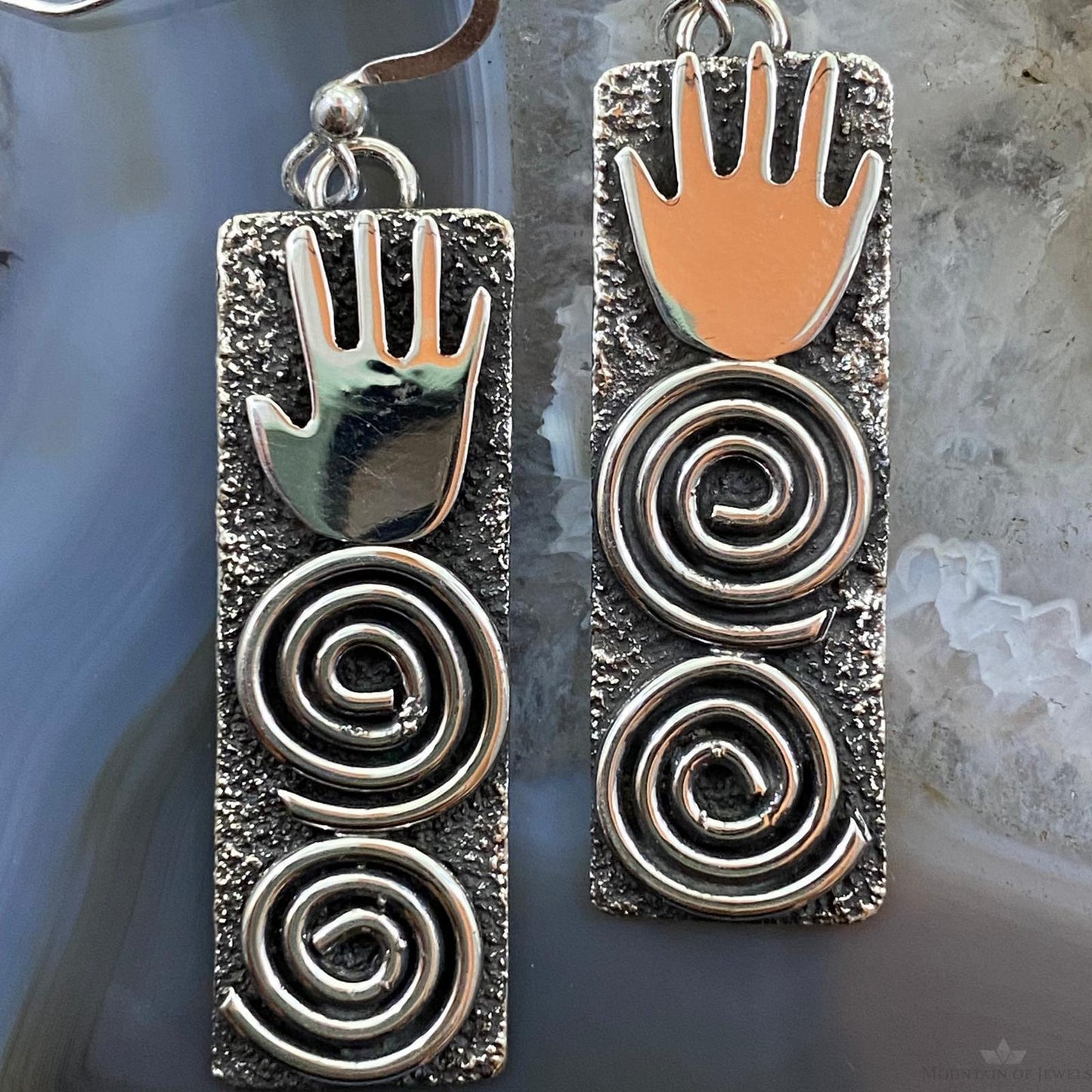 Alex Sanchez Native American Sterling Silver Long Rectangle Petroglyph Dangle Earrings For Women