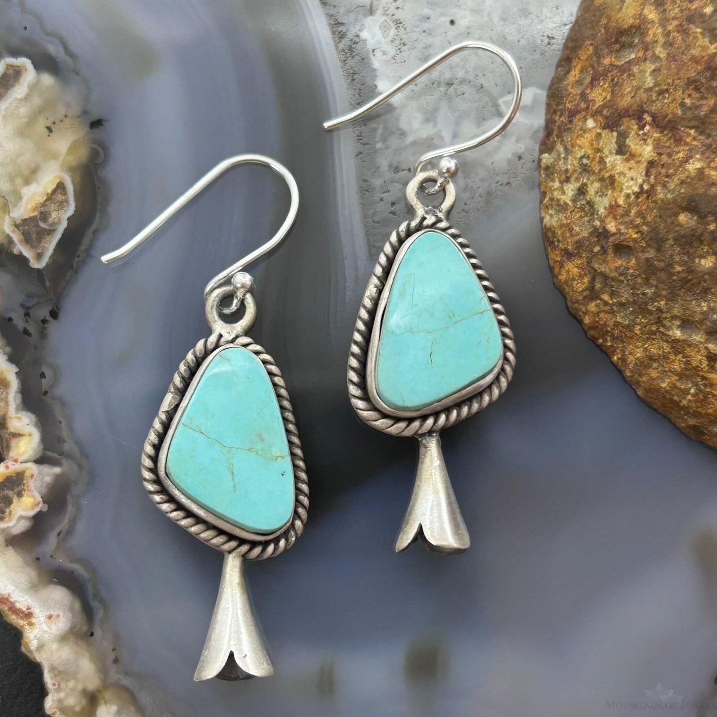 Sterling Silver Southwestern Style Turquoise Squash Blossom Dangle Earrings For Women #2