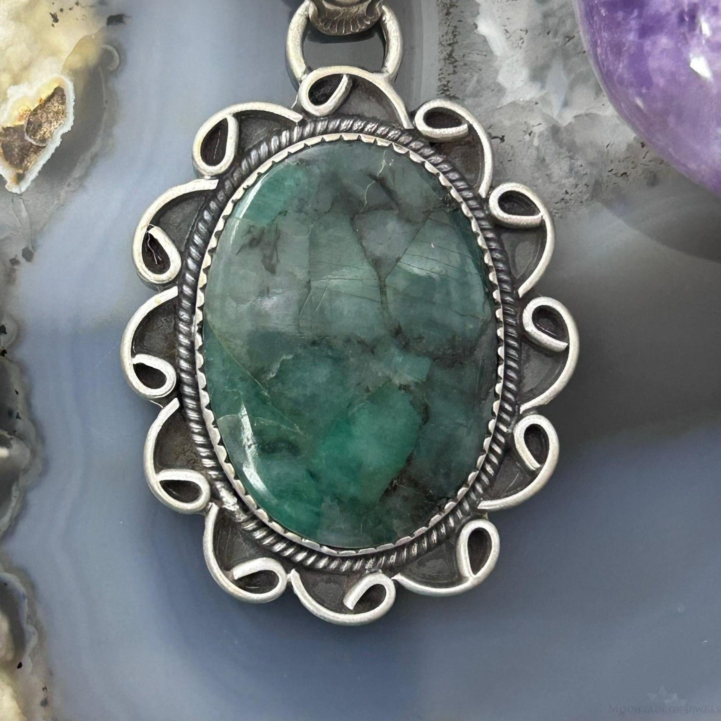Sterling Silver Southwestern Style Oval Dark Emerald Decorated Pendant For Women