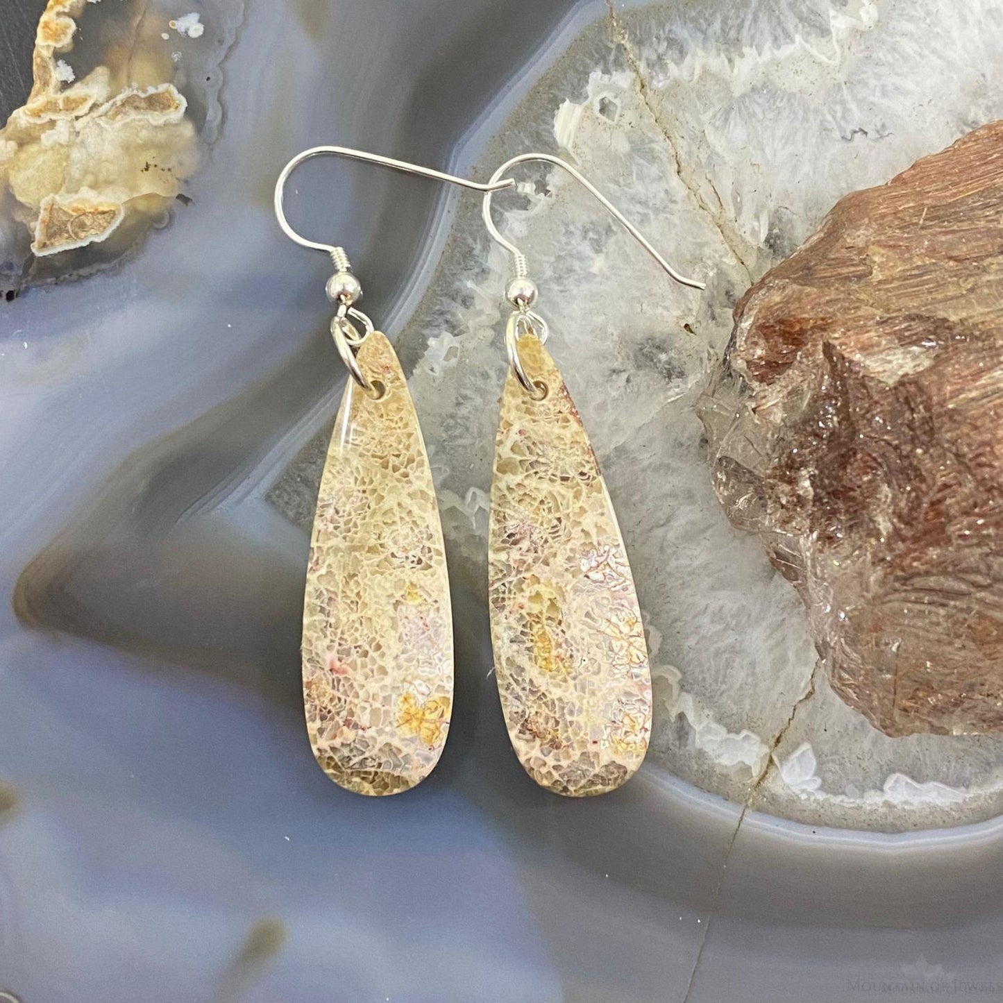 Sterling Silver Teardrop Fossilized Coral Slab Dangle Earrings For Women #091