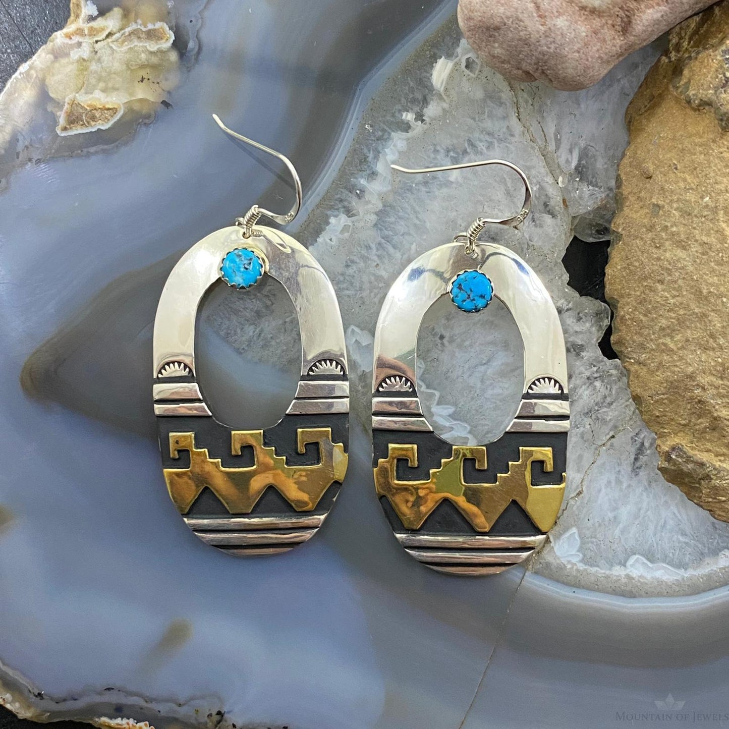 Rosita Singer Sterling Silver & GF w/Turquoise Overlay Oval Dangle Earrings