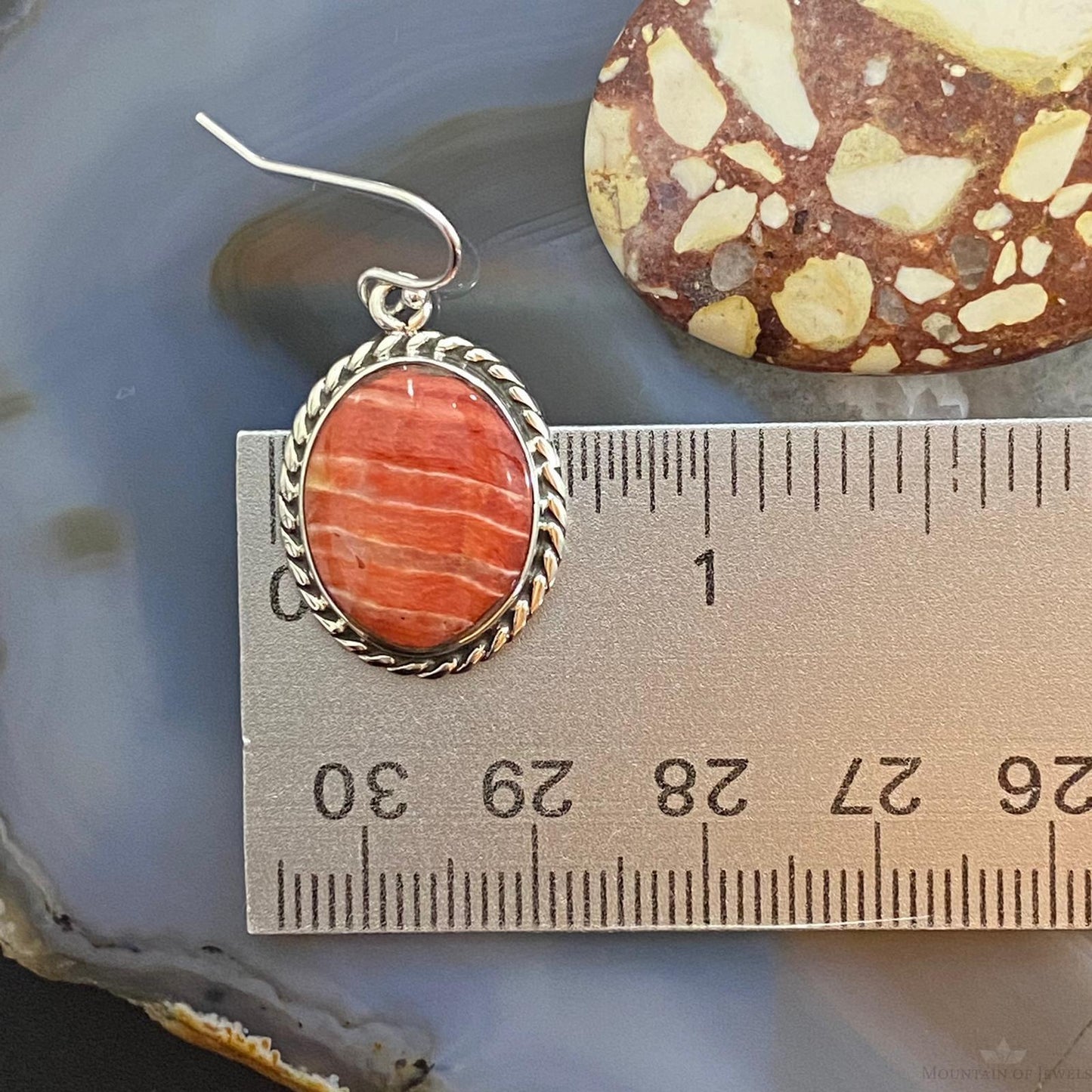 Native American Sterling Silver Oval Spiny Oyster Dangle Earrings For Women #1