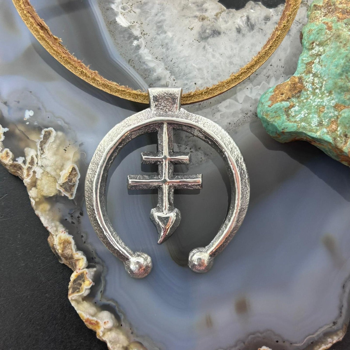 Gary Custer Sterling Silver Tufa Cast Cross Naja Unisex Pendant w/Leather Cord